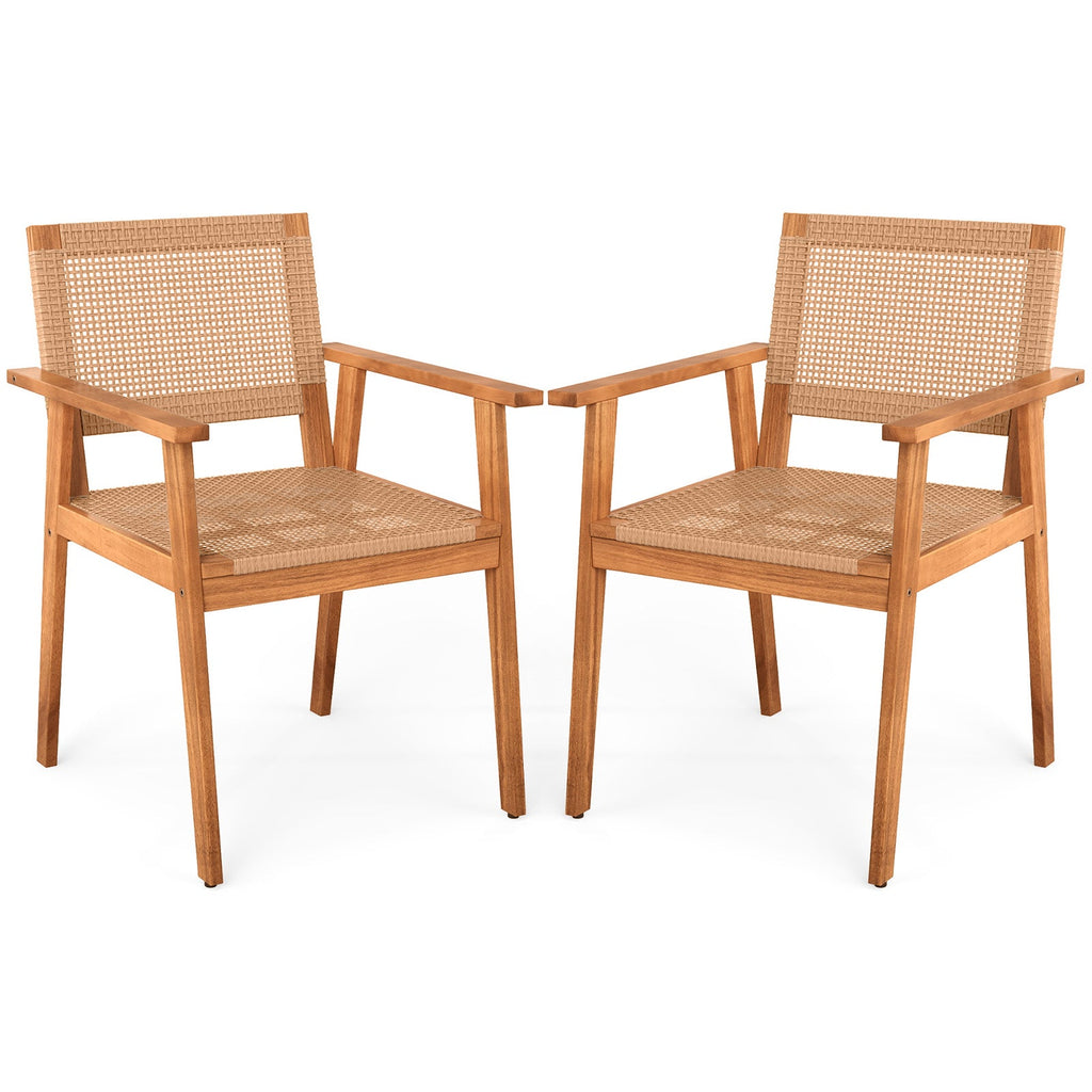 Acacia Wood Outdoor Dining Chairs Set of 2 PE Rattan Patio Chairs with Backrests and Armrests