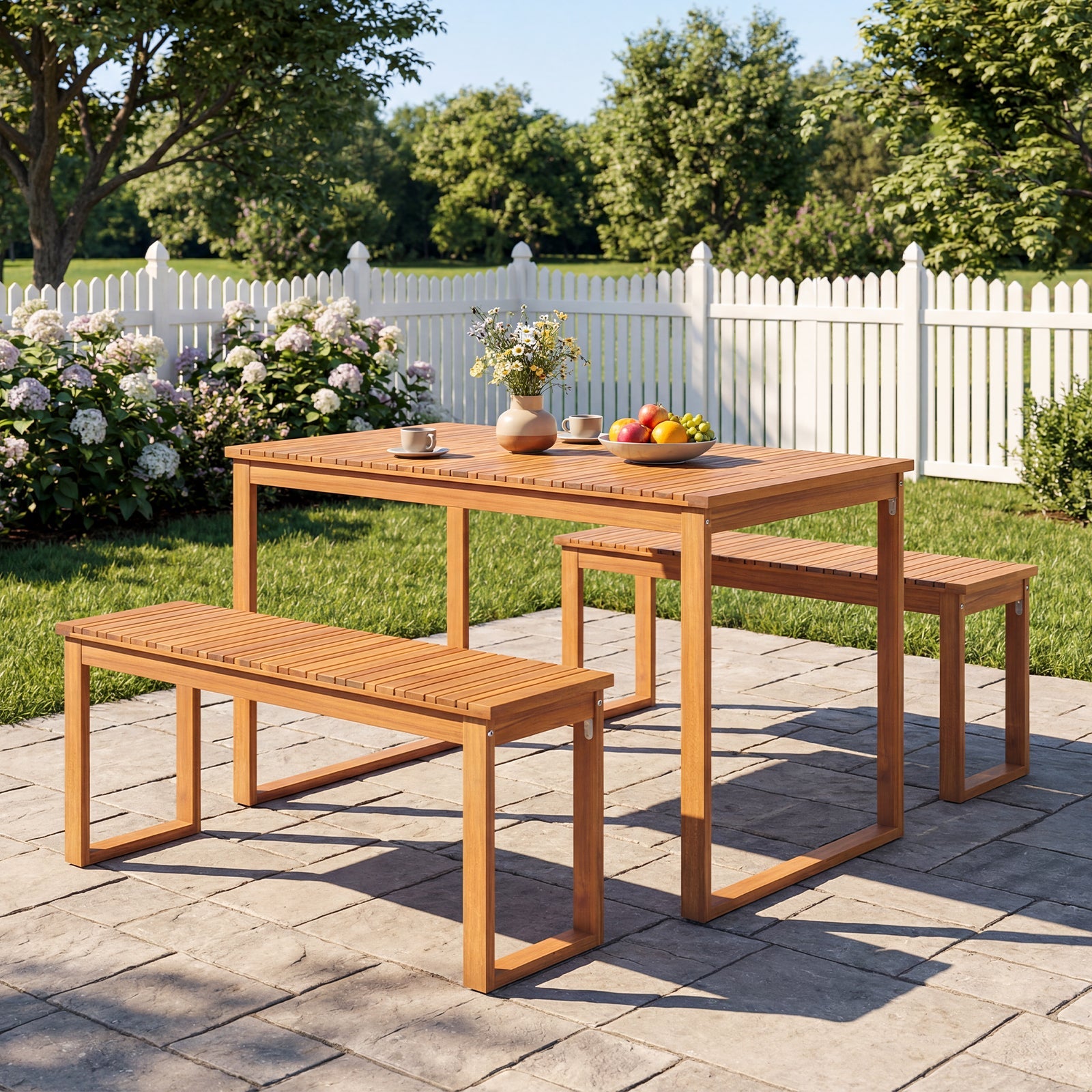 Acacia Wood Outdoor Garden Bench Set of 1/2 with Slatted Seat for Front Porch