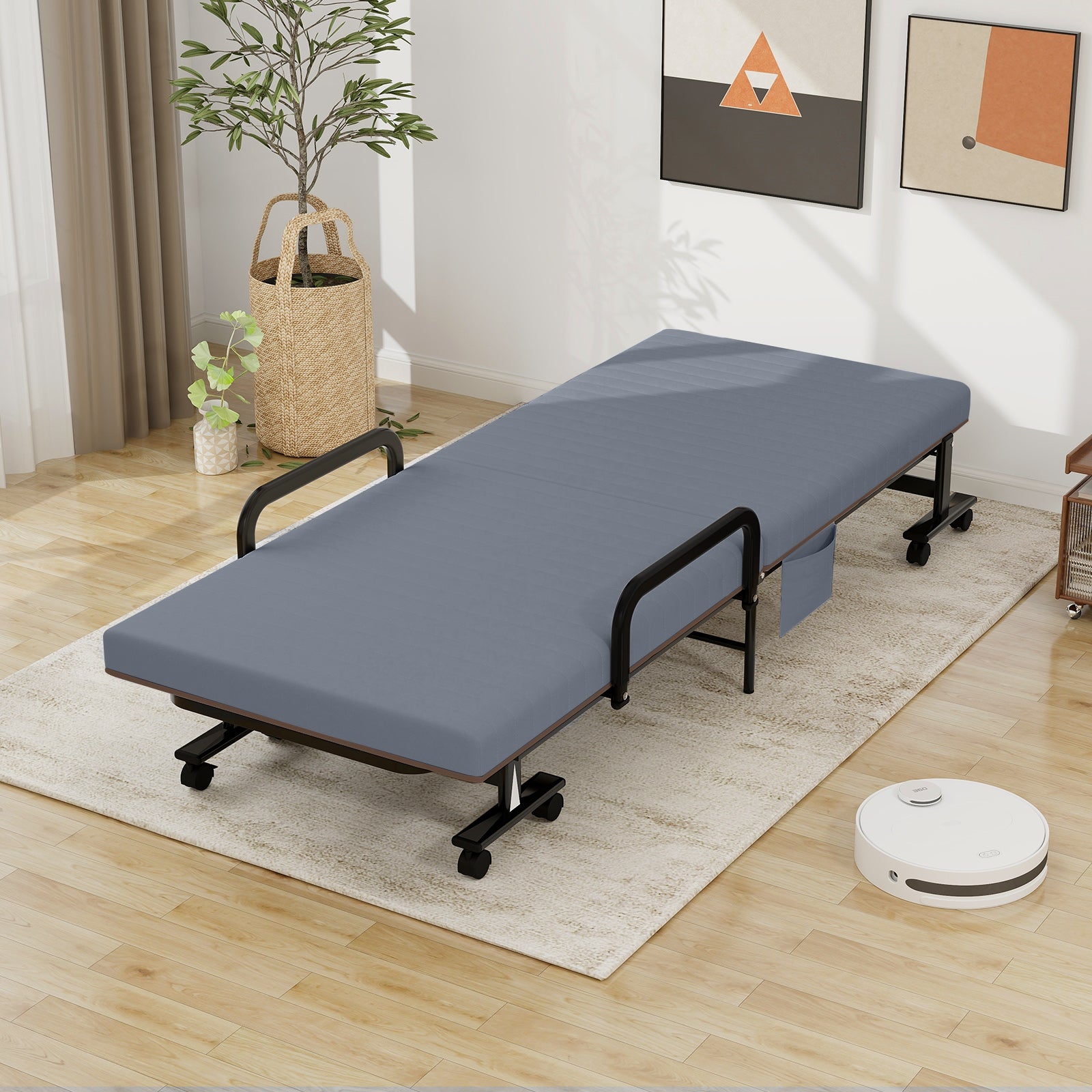 Adjustable Folding Guest Bed Frame with Mattress and Wheels