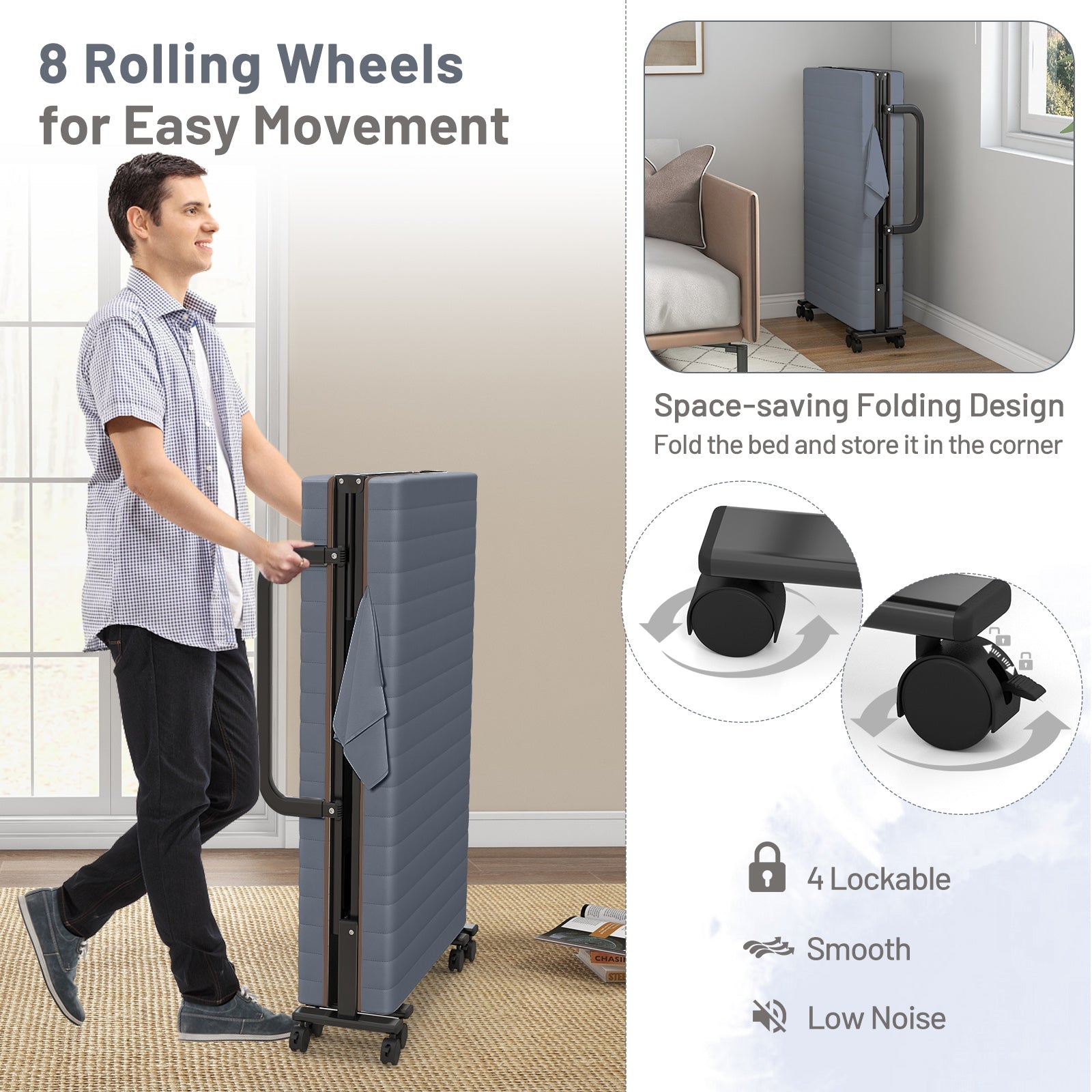 Adjustable Folding Guest Bed Frame with Mattress and Wheels