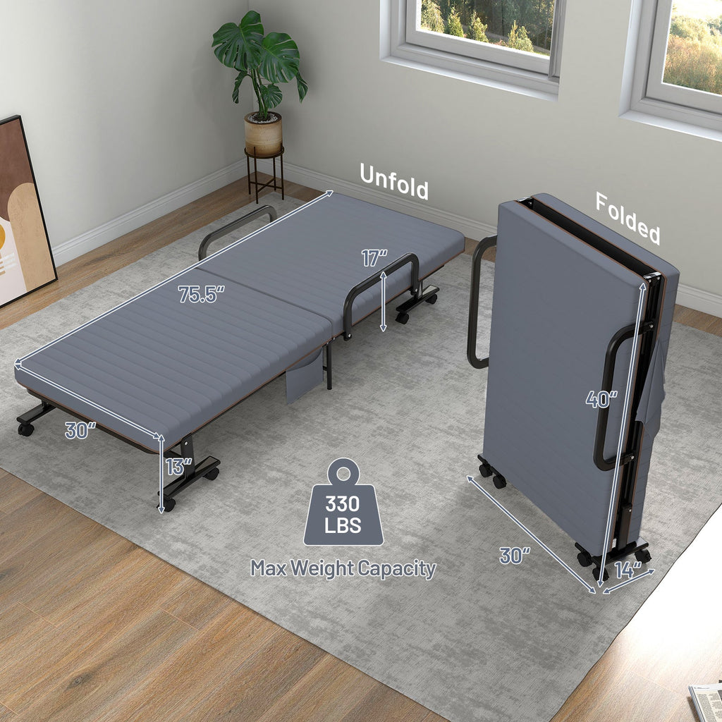 Adjustable Folding Guest Bed Frame with Mattress and Wheels