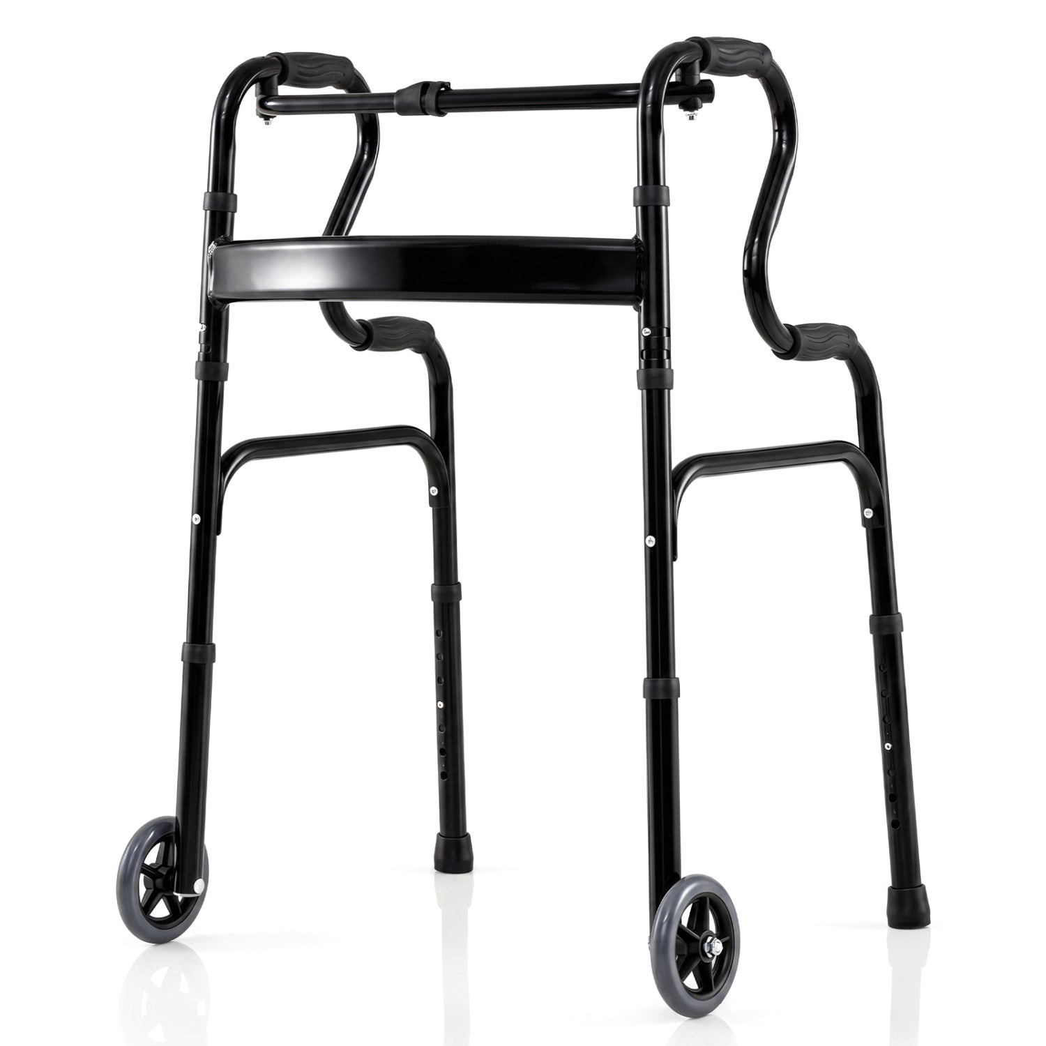 Adjustable Heavy-Duty Folding Walker with Unidirectional Wheels and Bi-Level Armrests-Black