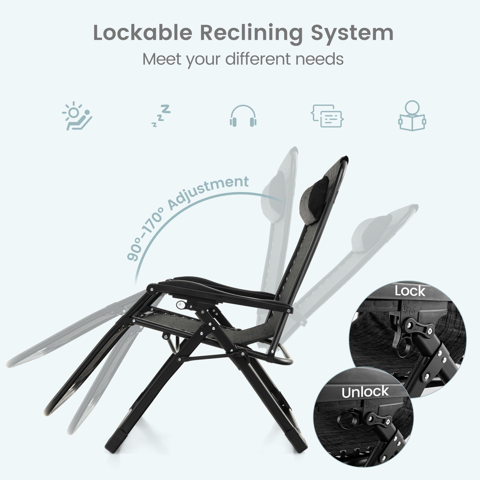 Adjustable Metal Zero Gravity Lounge Chair with Removable Cushion and Cup Holder Tray