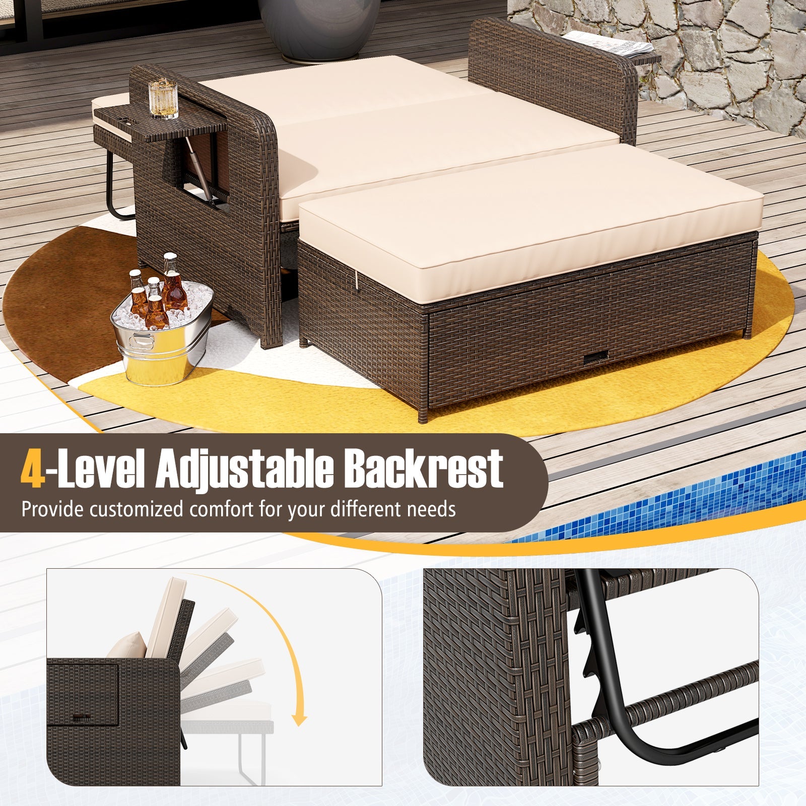 Premium Adjustable Outdoor Patio Daybed Set with Cushions and Storage Ottoman