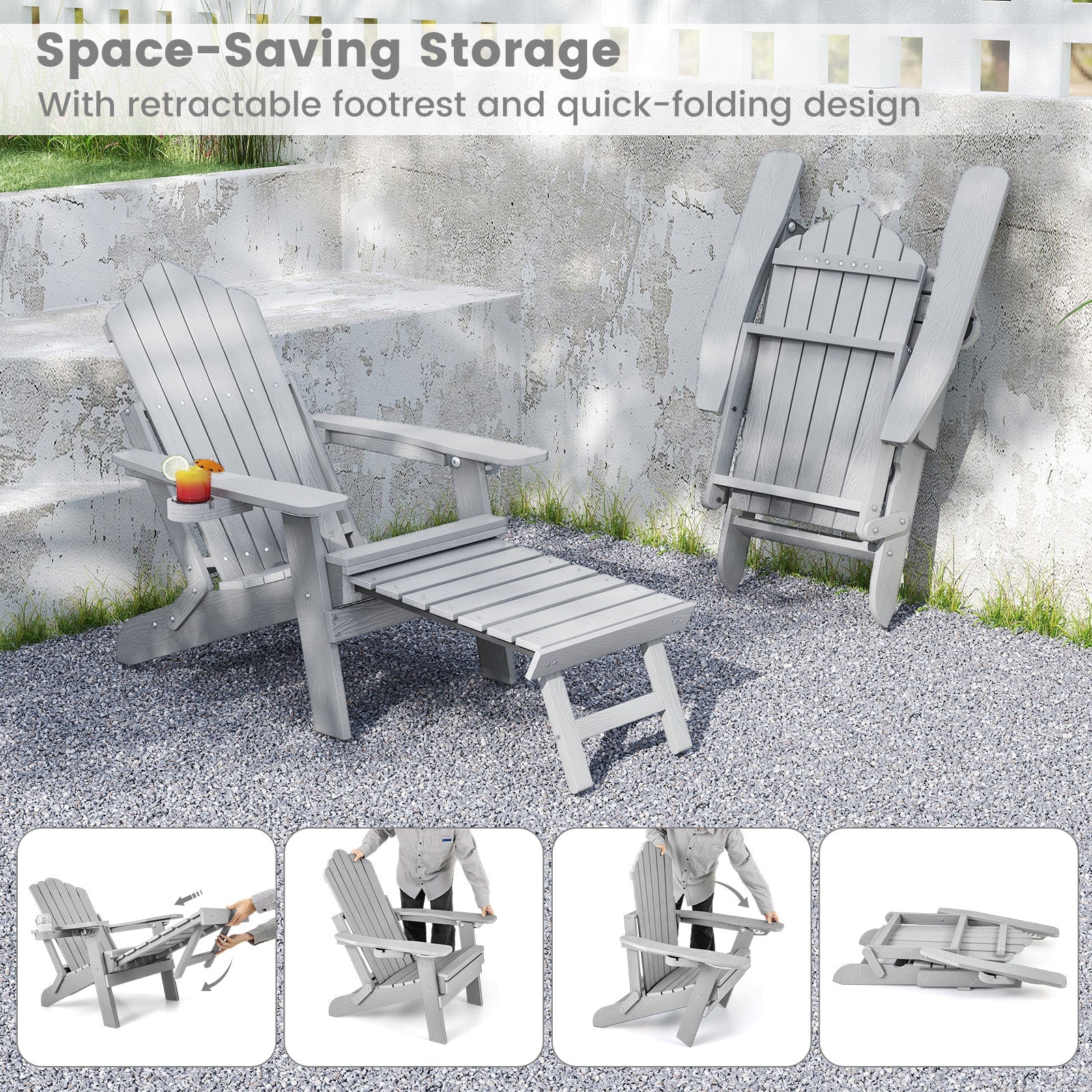 All-Weather HIPS Patio Adirondack Lounge Chair with Retractable Footrest
