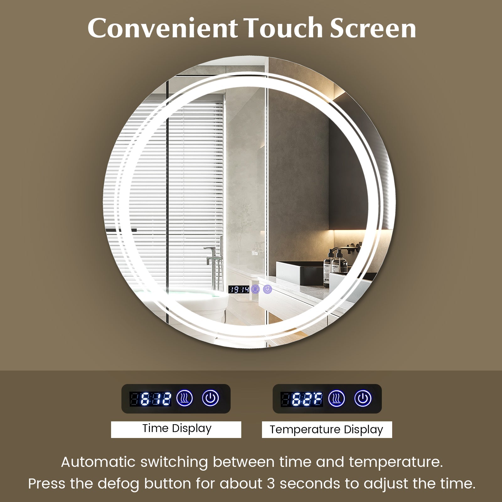 Anti-Fog Round Led Bathroom Mirror with 3 Color LED Lights