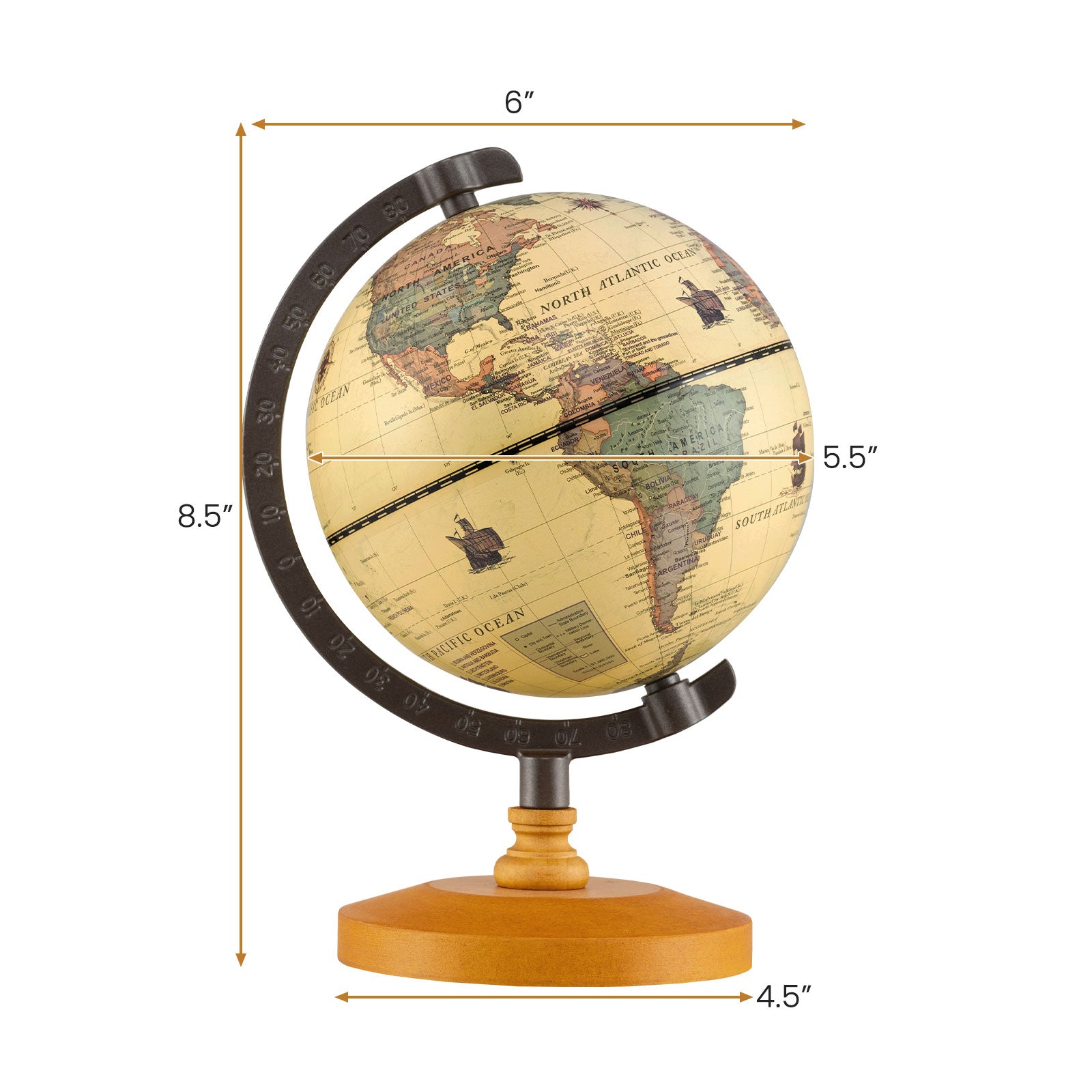 Antique Globe Dia 5.5 Inch Mini Rotating World Globe with Wooden Base-Brozen