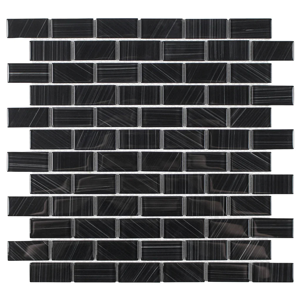Aquatica Black Glass Mosaic Tile 1x2 Striped Collection 12x12