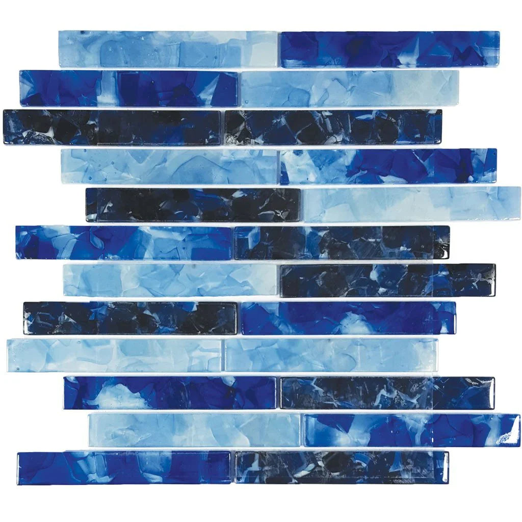 Aquatica Blues Blend 1x6 Linear Glass Mosaic Tile 11.75x12 - Flower Glass Collection