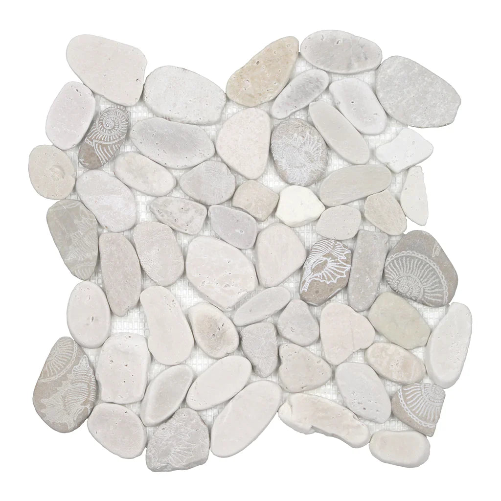 Fossil Light Natural Stone Pebble Mosaic Tile - Sliced 12x12