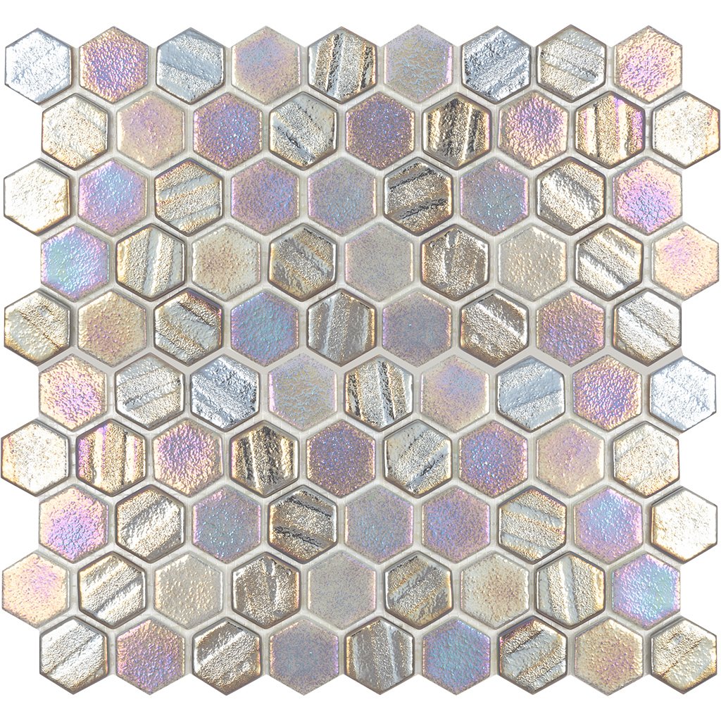 Gray Hexagon Iridescent Glass Mosaic Tile 12x12 Inch Polished Illusions Collection