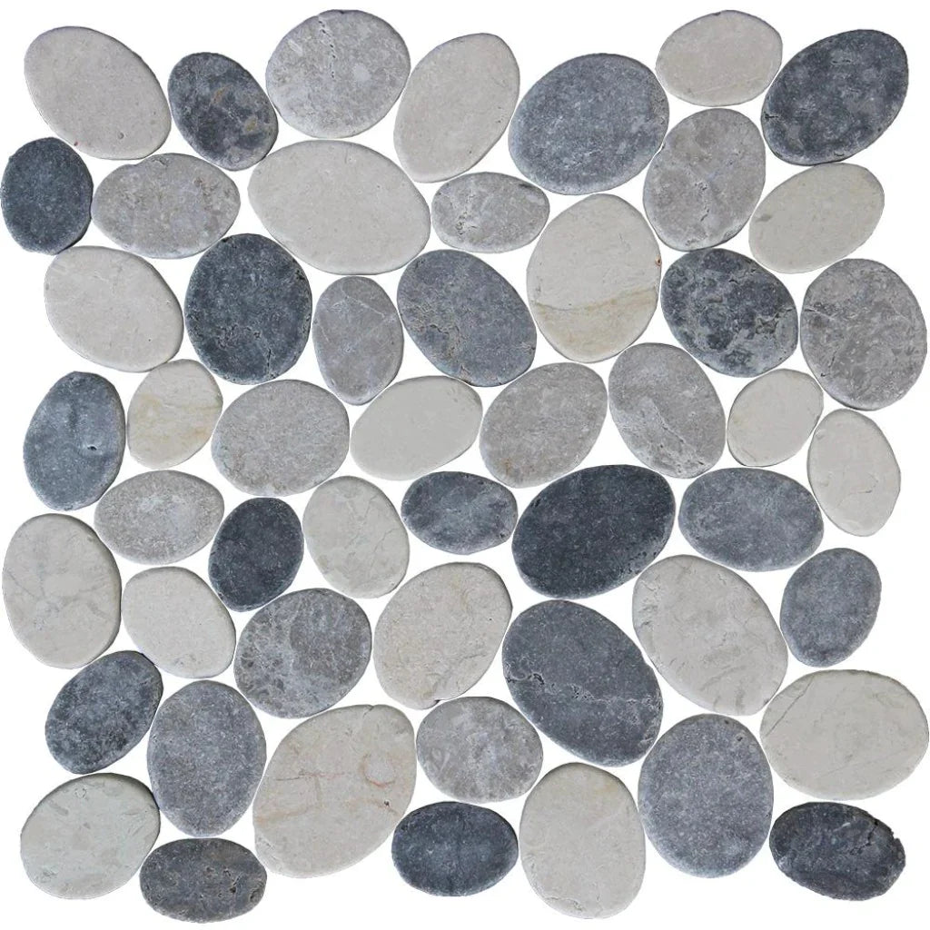 Gray and White Coin Pebble Natural Stone Mosaic Tile - 11.25 Inch Square Contemporary