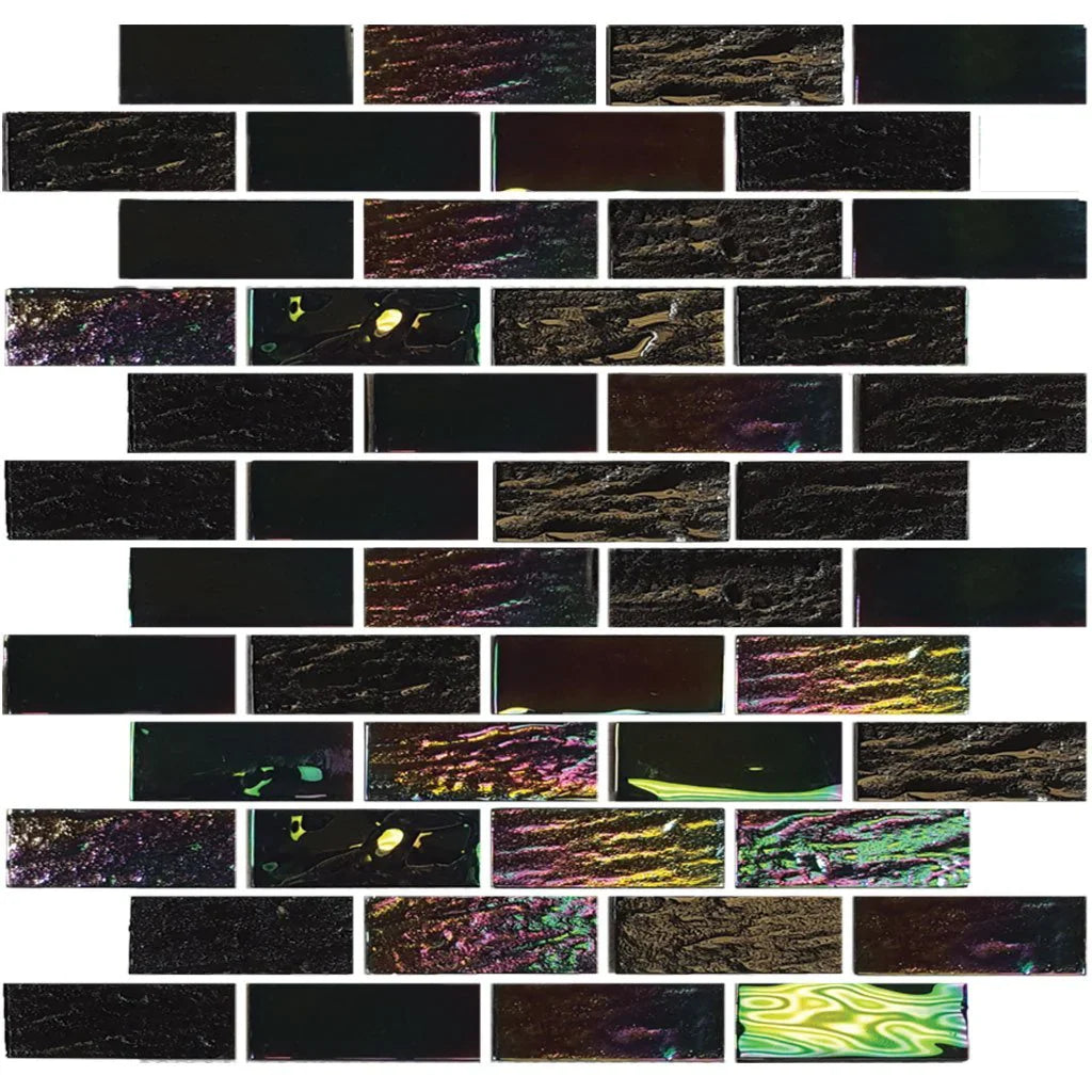 Black Glass Mosaic Tile 1x3 Rectangular Pre-mounted Mesh Backed Sheets 11.50x11.75