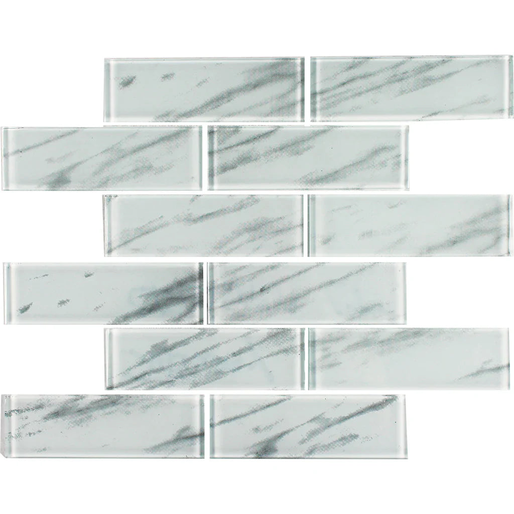 Light Calacata Glass Mosaic Tile 2x6 Rectangular Subway Brick Collection 11.75 Sheet