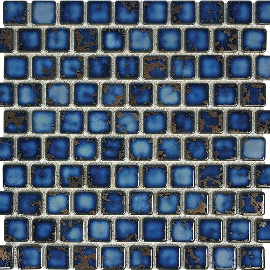 Aquatica Terra Blue Porcelain Mosaic Pool Tile 1x1 Inch Pre Mounted on 12x12 Mesh Sheet