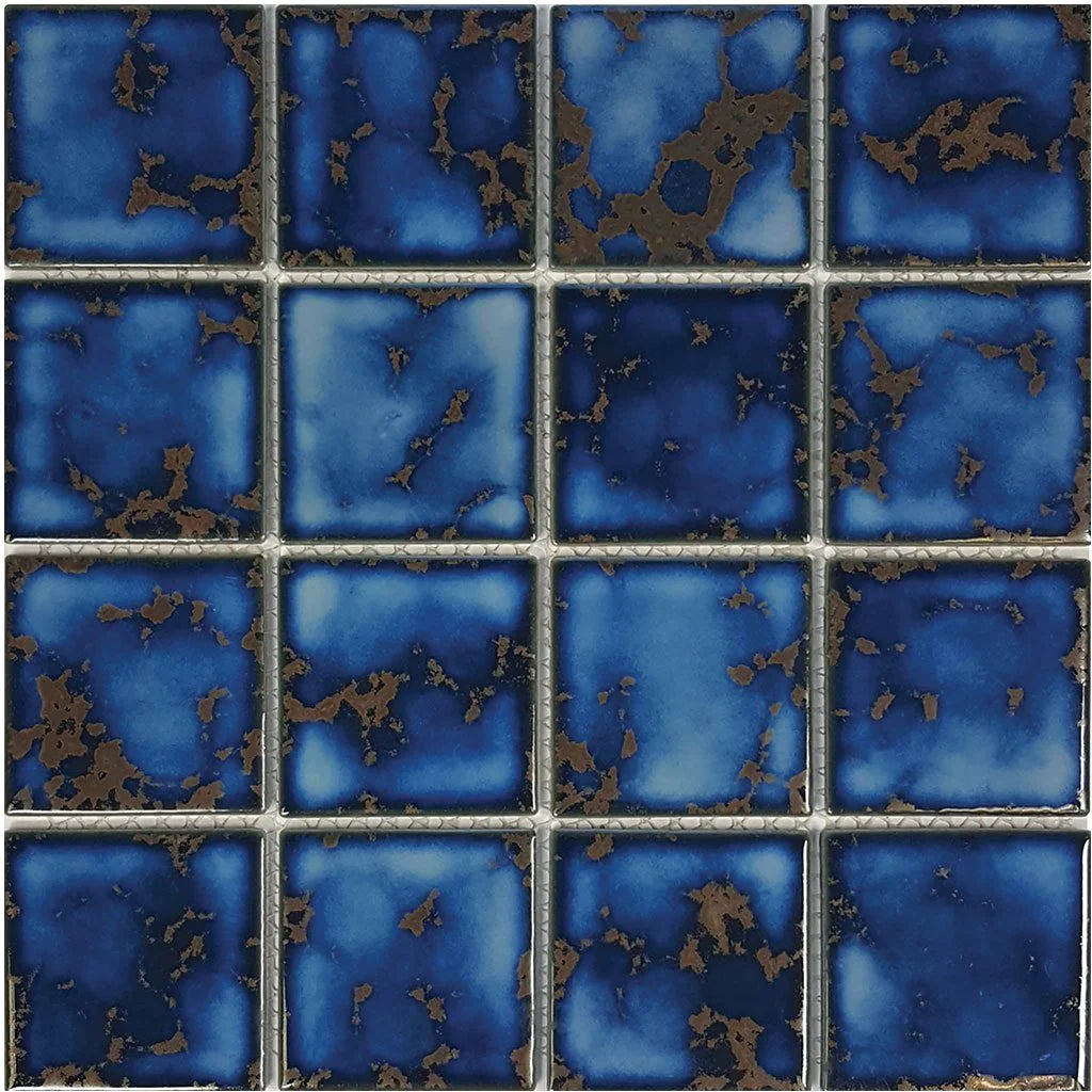 Terra Blue Porcelain Mosaic Pool Tile 3x3 Individual Tiles Mesh Backed 12x12 Sheet