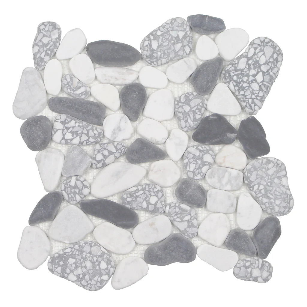 Terrazzo Carrara Nero Smoke Sliced Pebble Mosaic Tile 12x12 Polished Contemporary