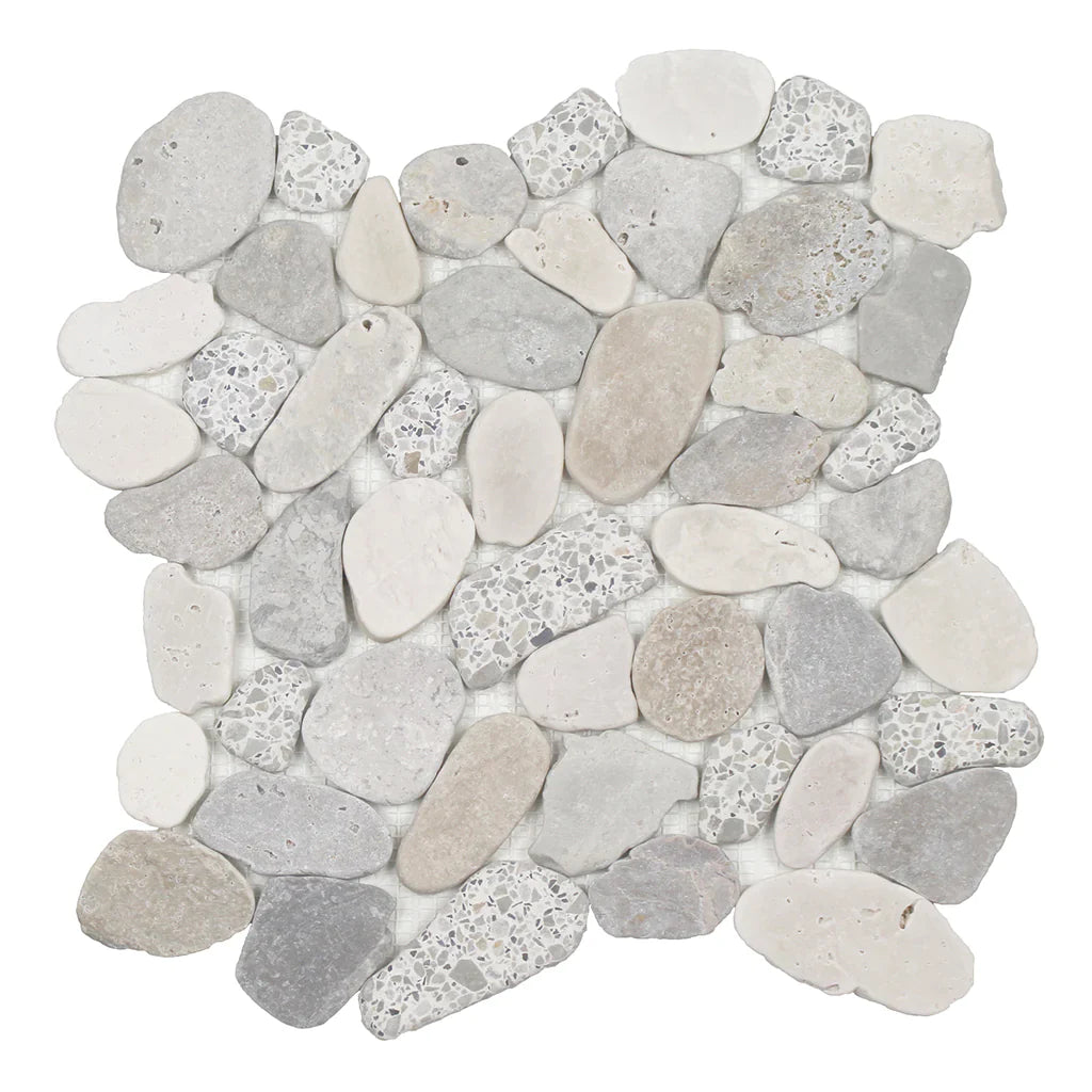 Terrazzo Occhialino Sliced Pebble Mosaic Tile 12x12 - Vintage Light Ocean Stones