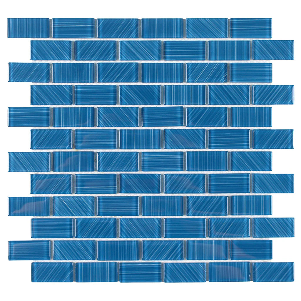 Aquatica Turquoise Glass Mosaic Tile 1x2 Inch - 12x12 Striped