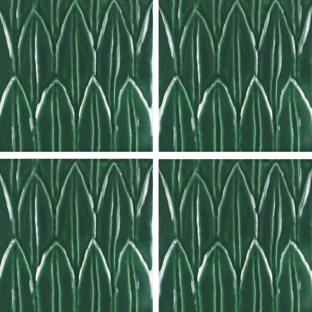 Aquatica Verde Deco Foglia Porcelain Pool Tile 6x6 - Glossy Mediterranean Finish
