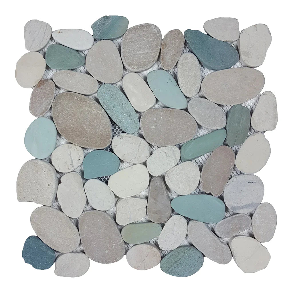 Aquatica Sliced Pebble Mosaic Tile White Green Tan 11x11 Ocean Stones Collection