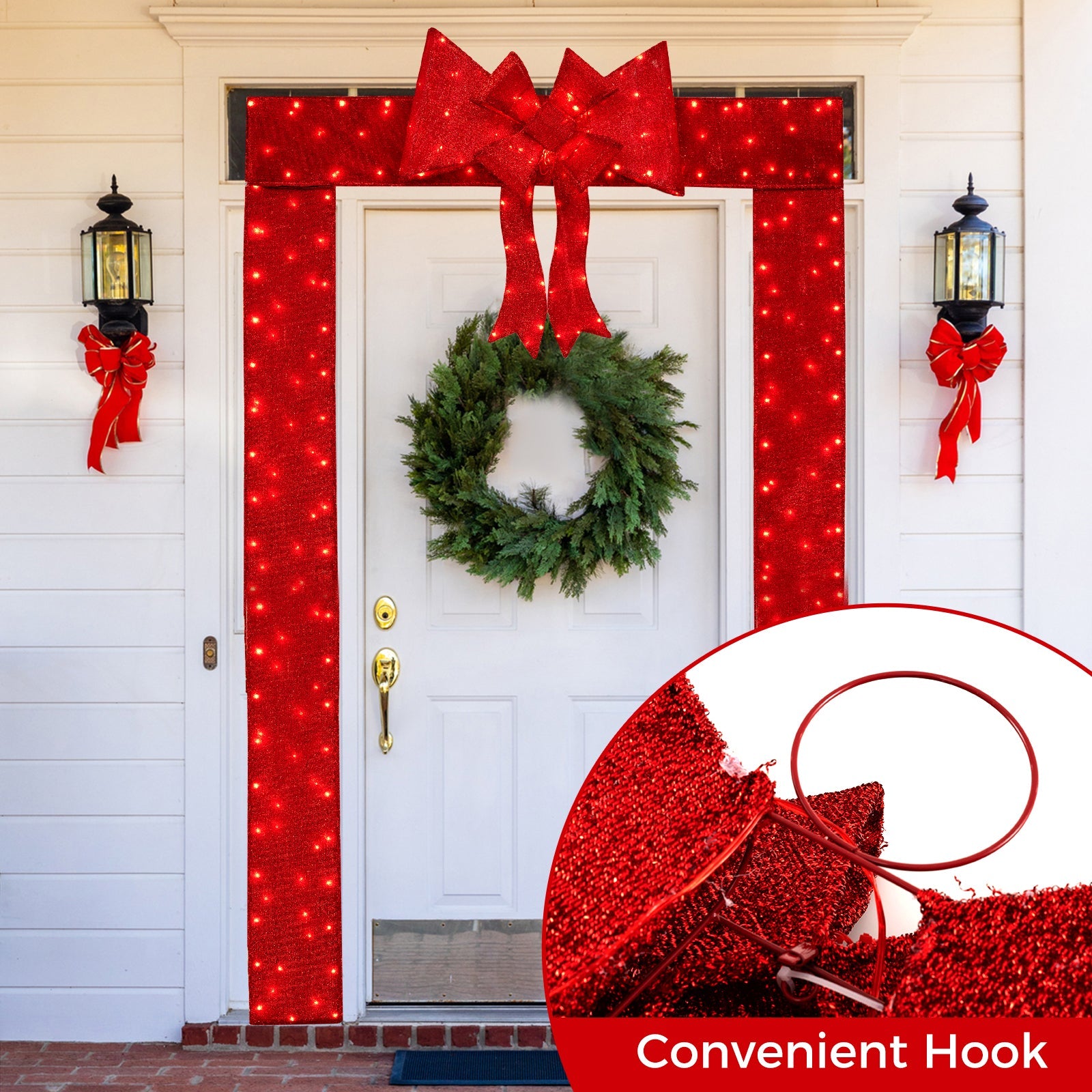 Lighted Christmas Tinsel Doorway Arch with Removable Bow for Roof Door Fireplace