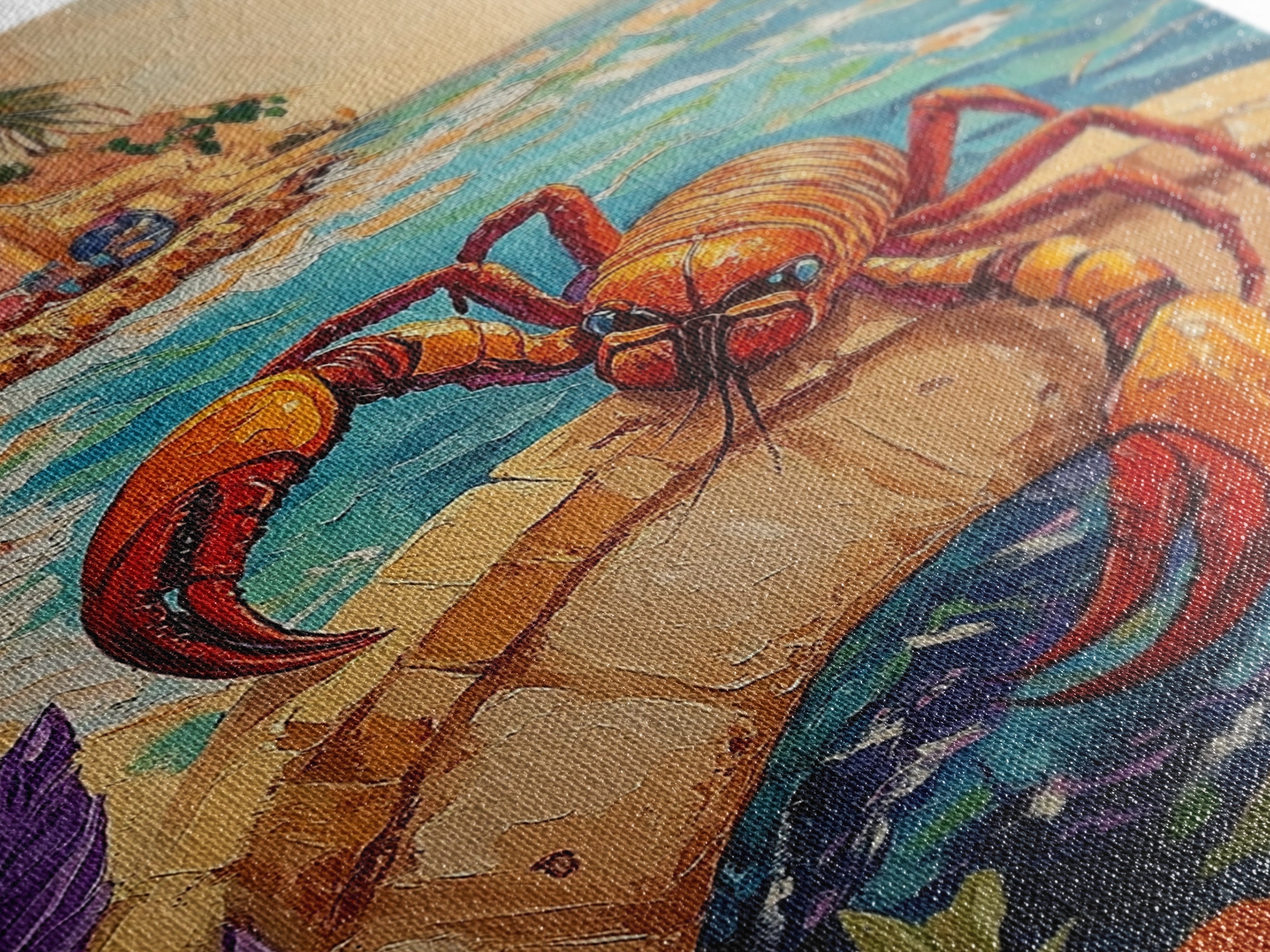 Lobster Art, Coastal Bridge, Tropical Scene, Nautical Style, Framed Canvas Print, lobster decor, beach cottage coastal art, bathroom print
