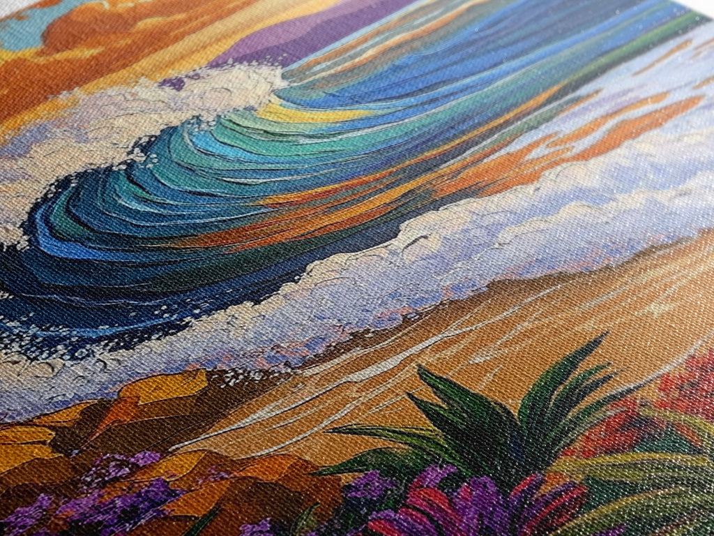 Wave Sunset, Ocean, Flowers, Canvas Print, Crashing sunset wave with tropical flowers, coastal bathroom and surf-themed wall decor