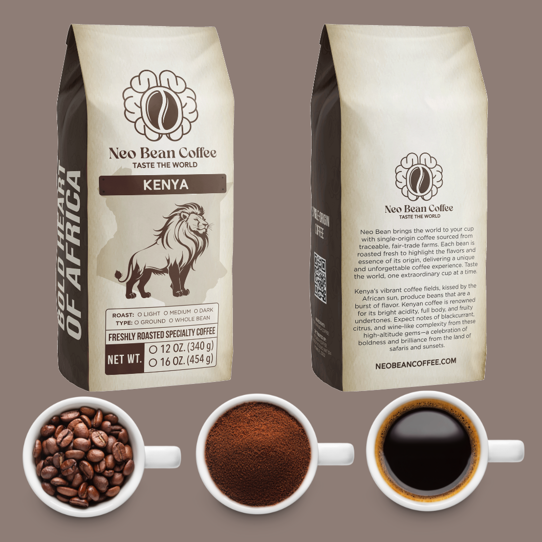 Kenya Freshly Roasted Single Origin Coffee package showing roast and grind options