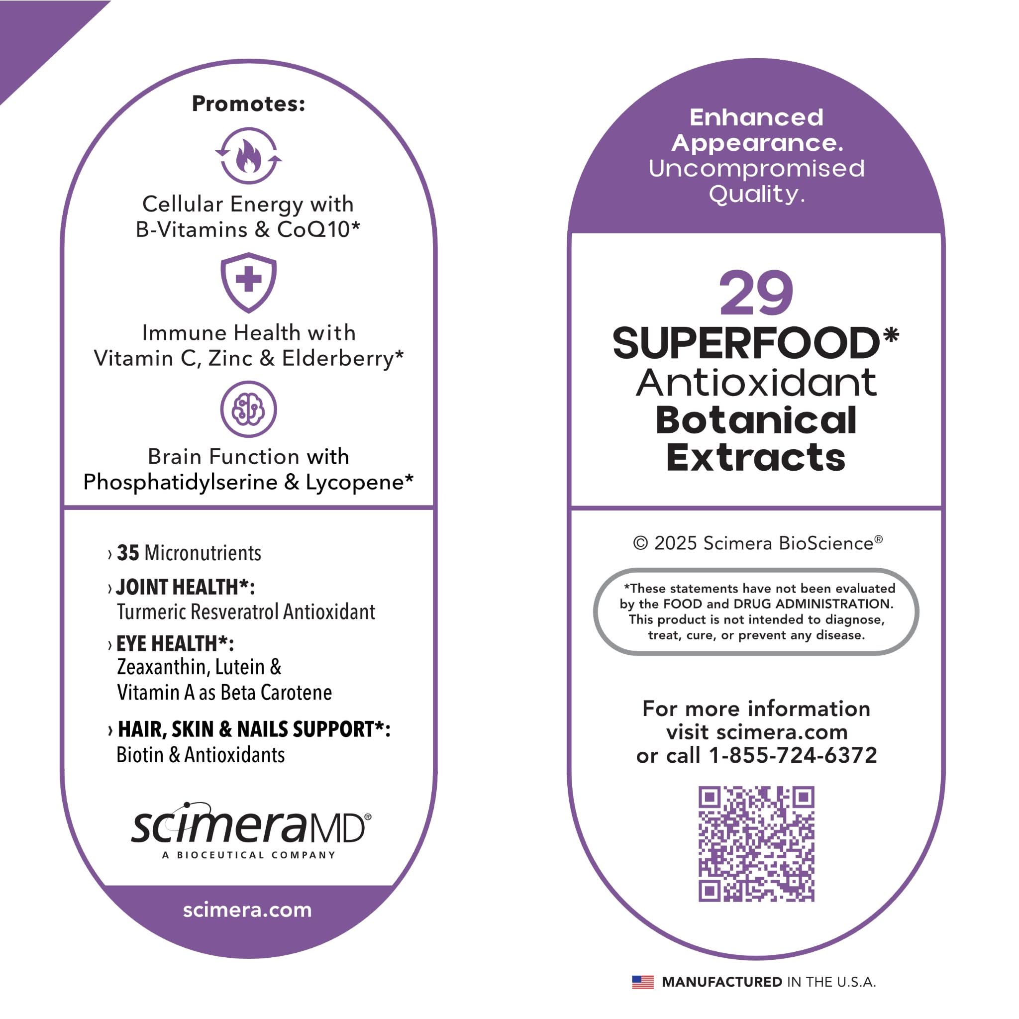 Scimera MD® MultivitaminMD Full-Spectrum Supplement Capsule with Minerals, Antioxidants, and Superfood Combination for Metabolism, Joint Support, Hair, Skin, and Nails, 60 CT