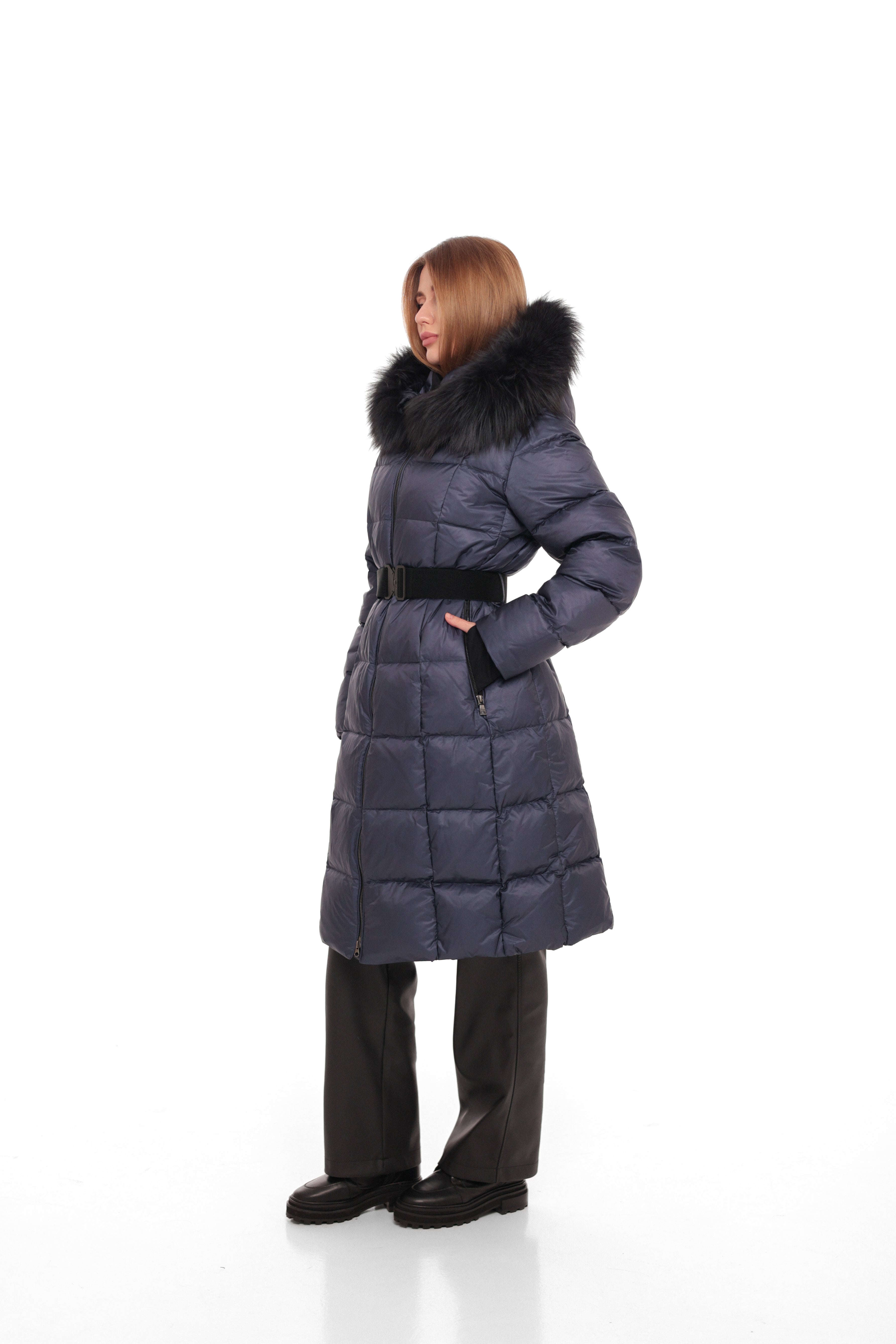 Cyrus Genuine Fur Trim Down Fill Coat in Navy