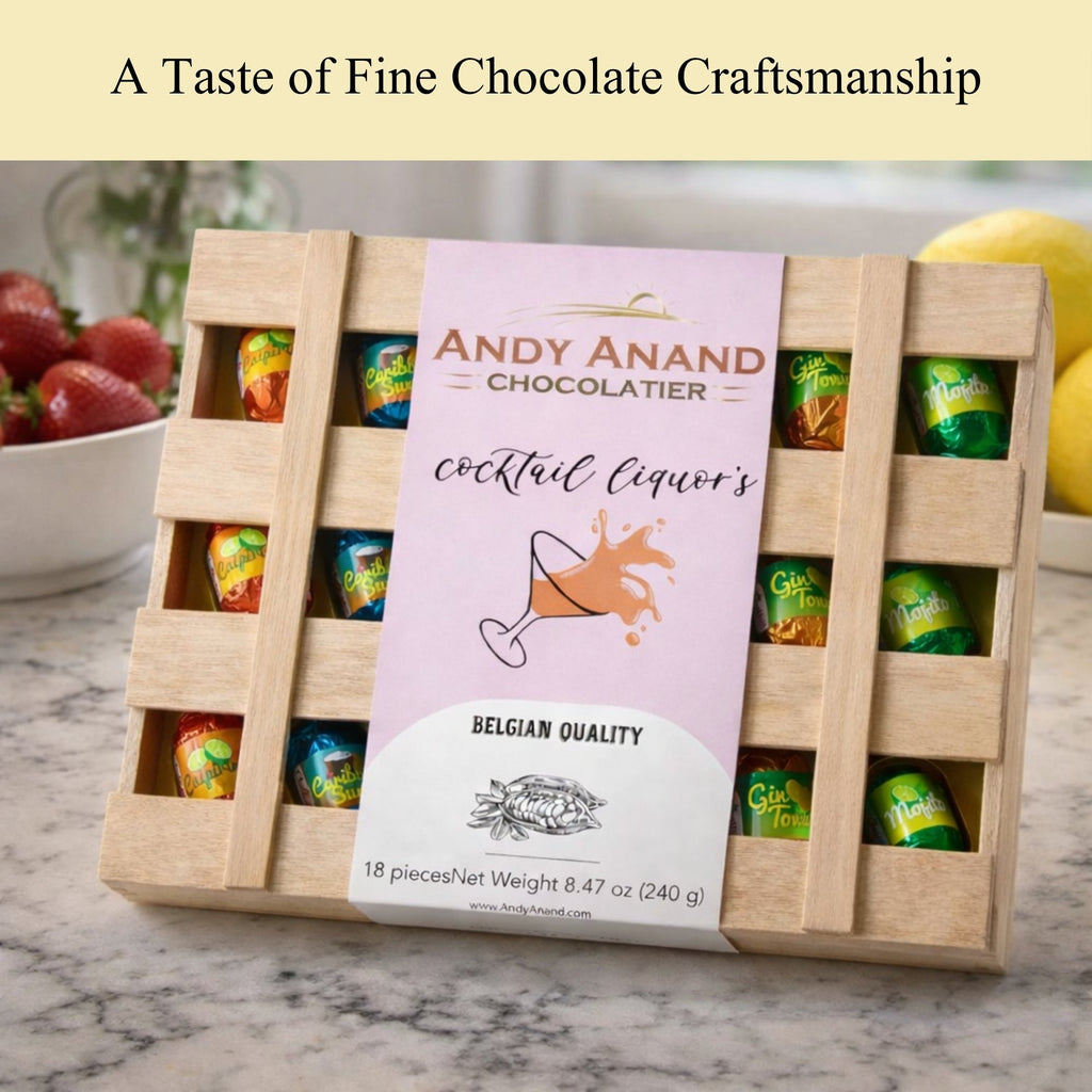 Andy Anand European Cocktail-Flavored Dark Chocolate Bottles, 18 pc, 11.5 oz – Mojito, Limoncello & Gin Tonic, Vegan Birthday Gift Box