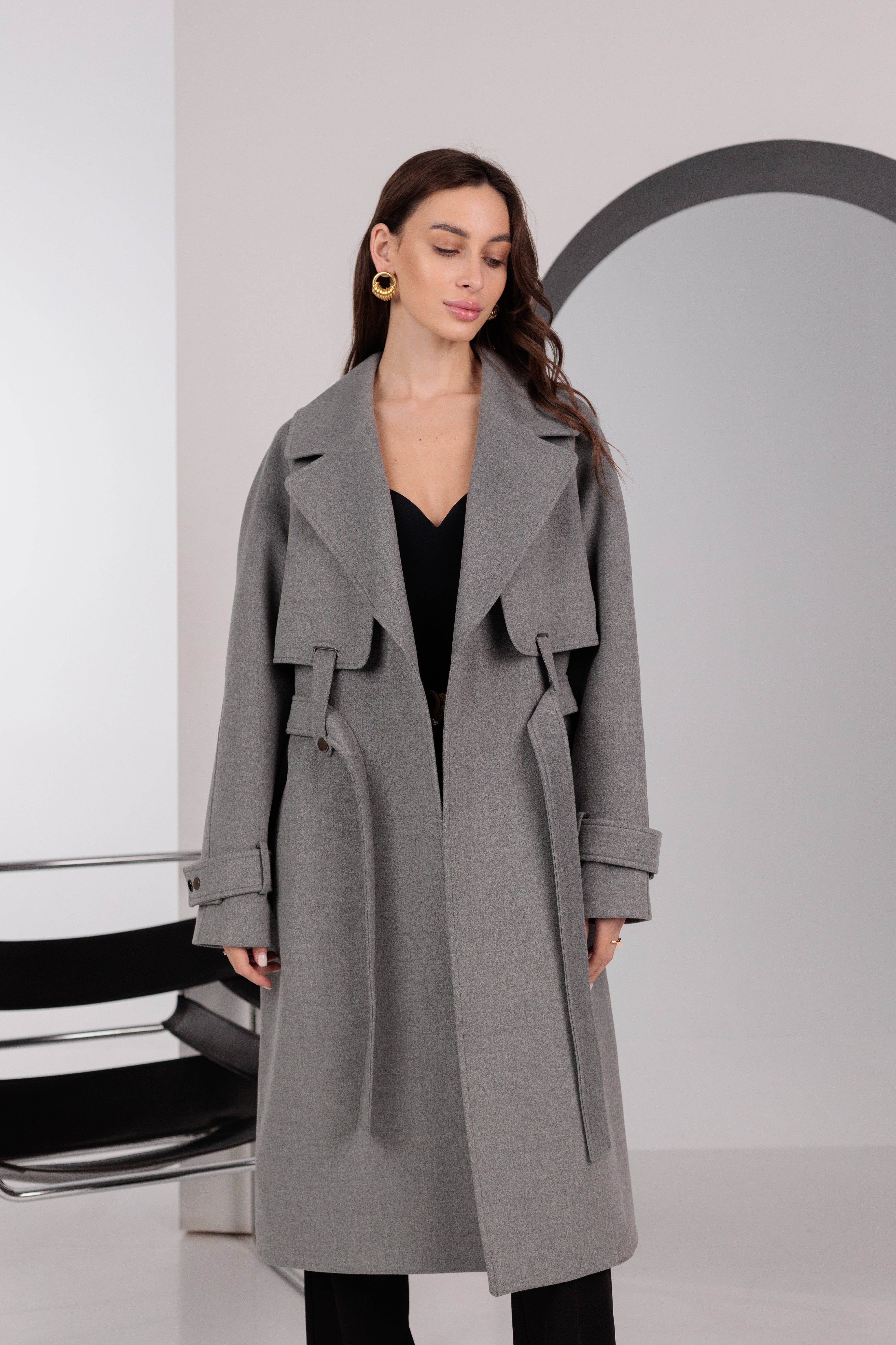 Karina Belted Wool Cashmere Blend Overcoat in Grey
