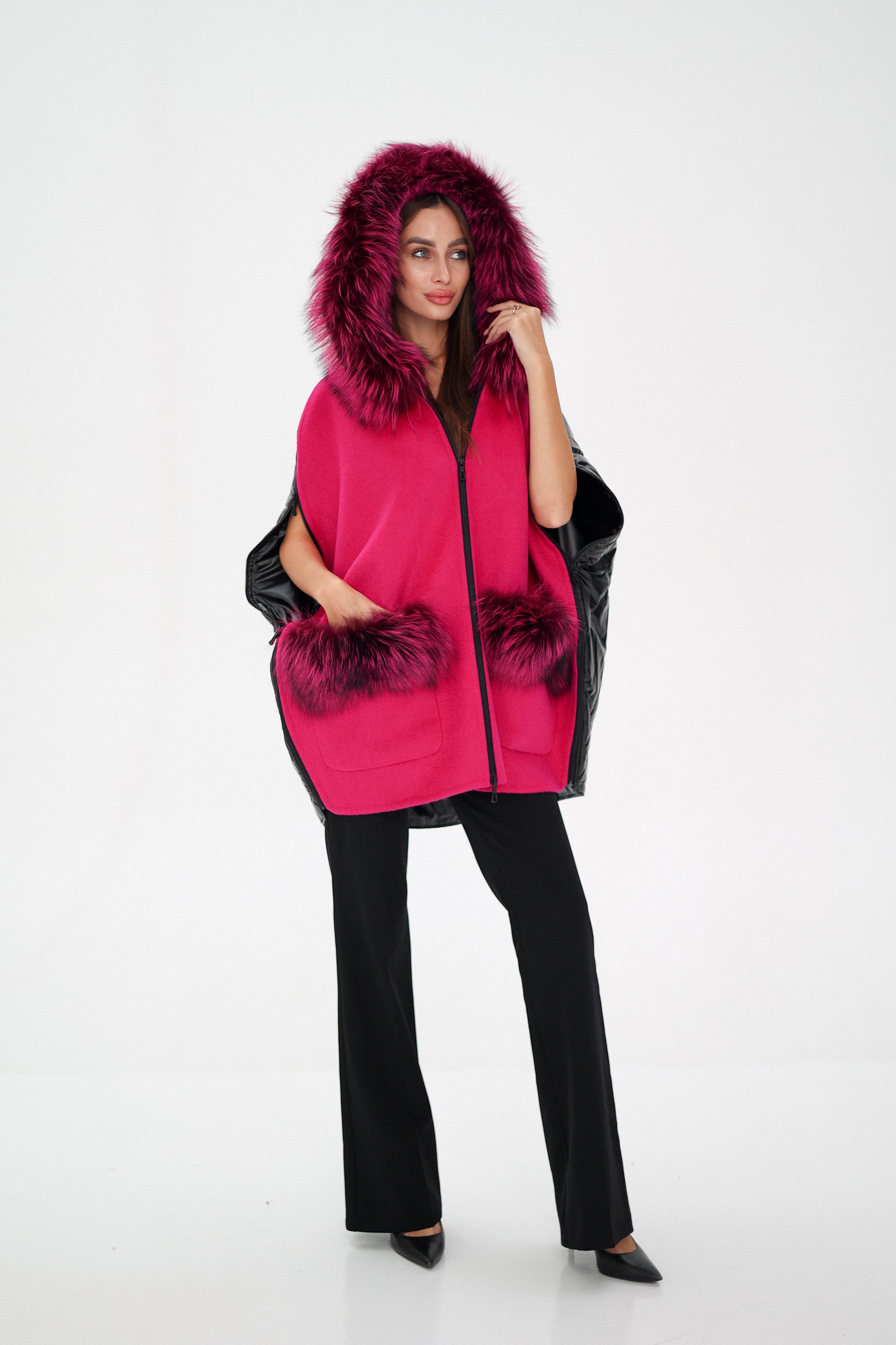 Saga®Furs Silver Fox Wool Alpaca Poncho Vest in Fuchsia