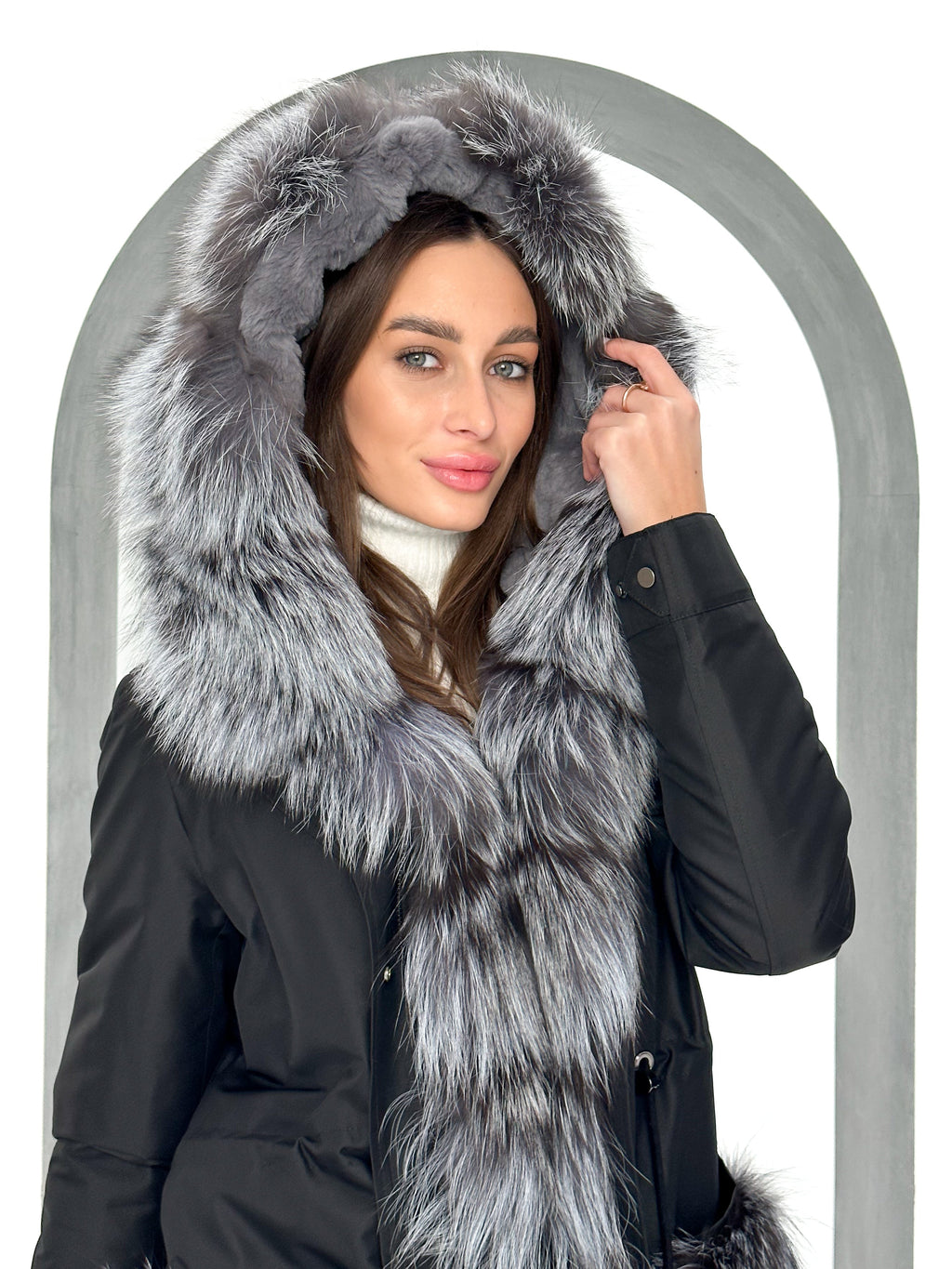 Roma Genuine Silver Fox Fur Rabbit Fur Insulated Parka in Black