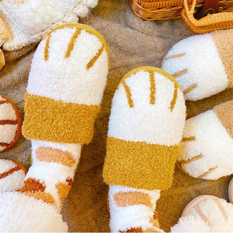 Winter House Warm Fur Slipers For Women Cute Cat paw Designer Bedroom Warm Plush Shoes Non-slip Indoor Women Furry Slippers