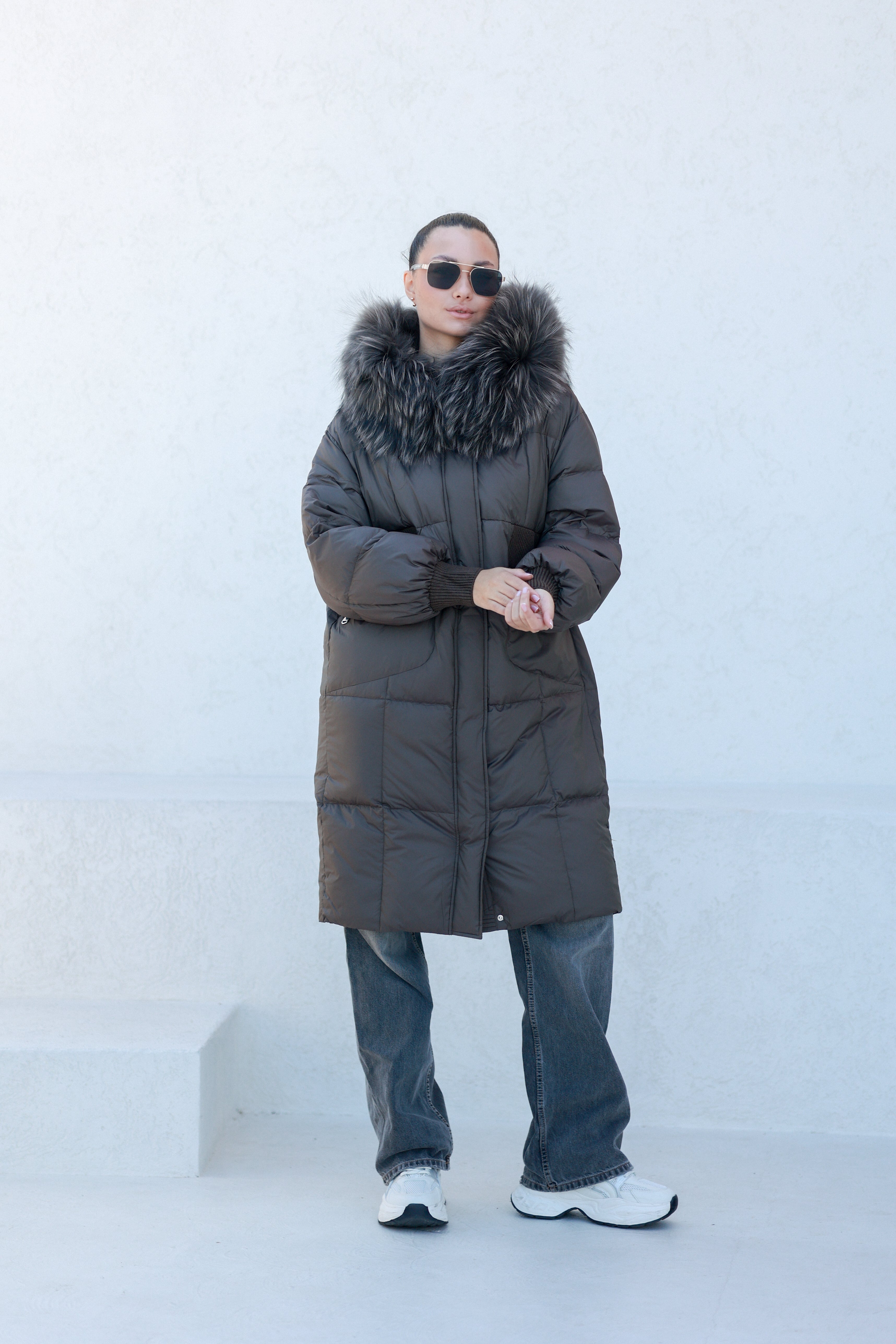 Lauren Genuine Fur Trim Down Fill Coat in Tobacco