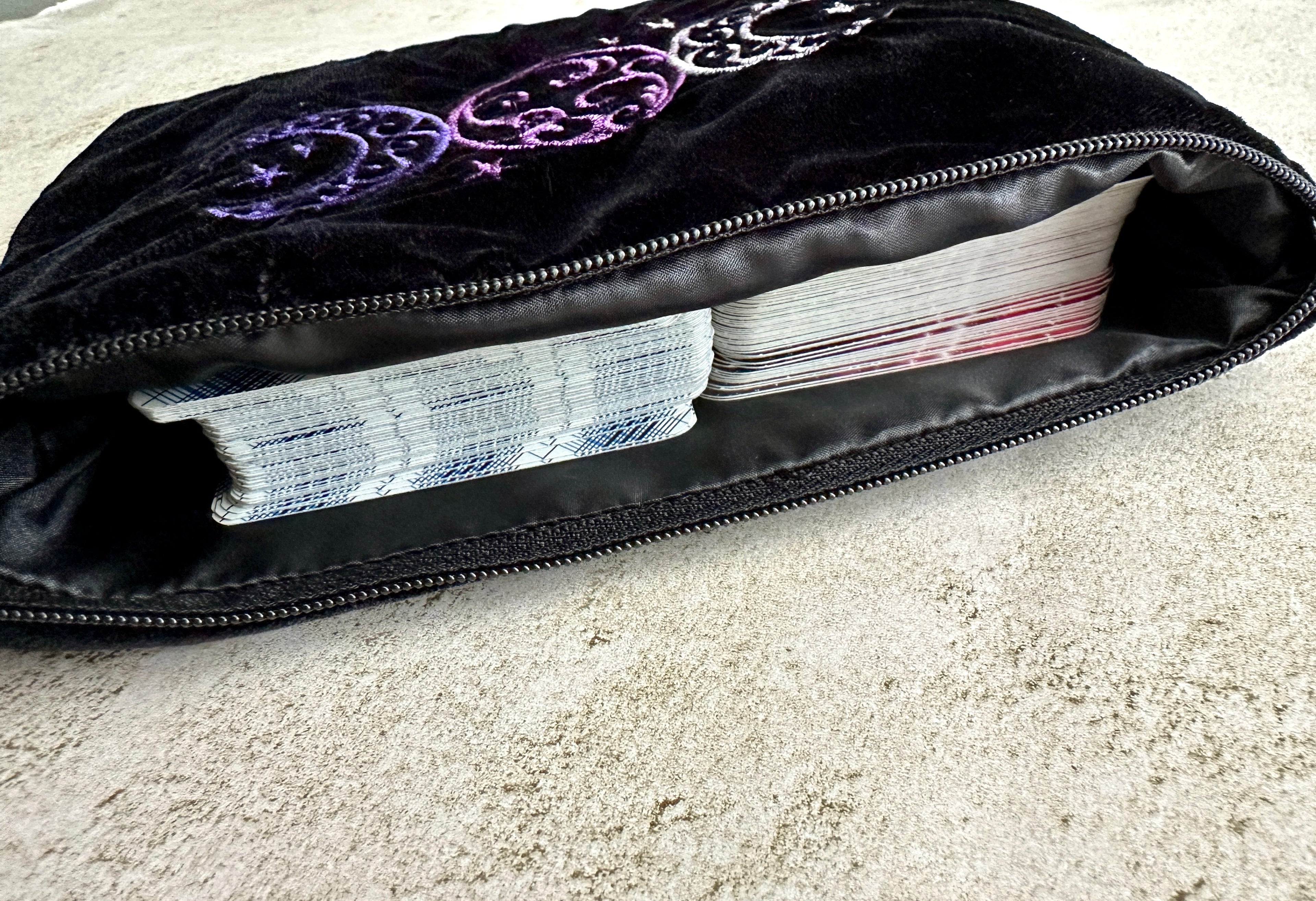 Witchy Triple Moon Embroidered Velvet Tarot Bag With Zipper & Satin Lining