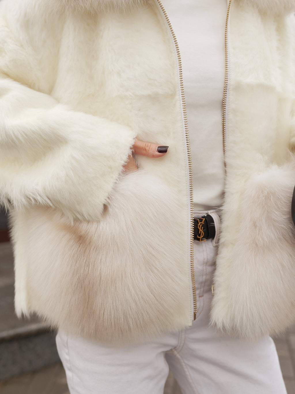 Elysian Genuine Polar Fox Trim Shearling Jacket
