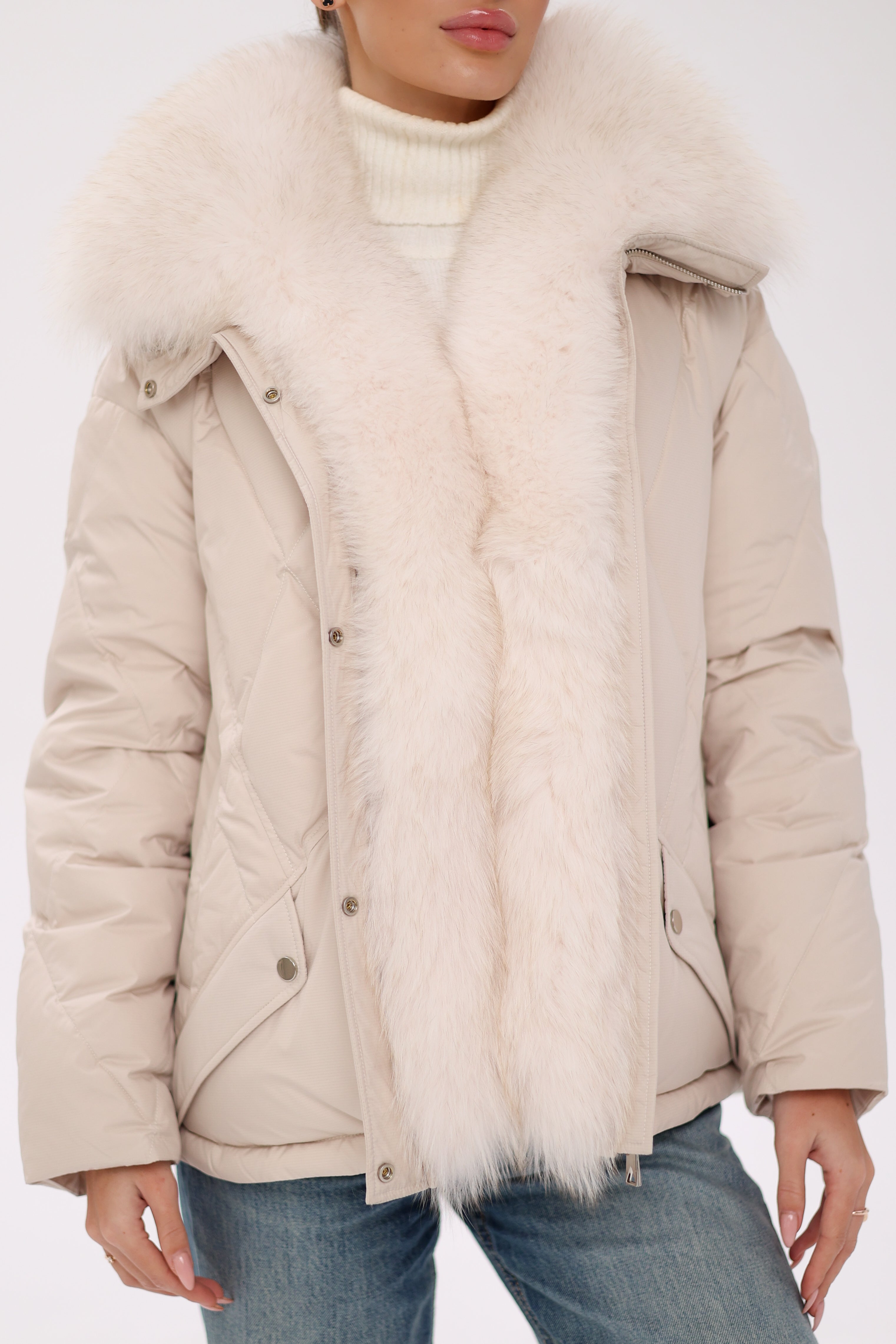 Genuine Polar Fox Fur Down Insulated Parka in Ivory
