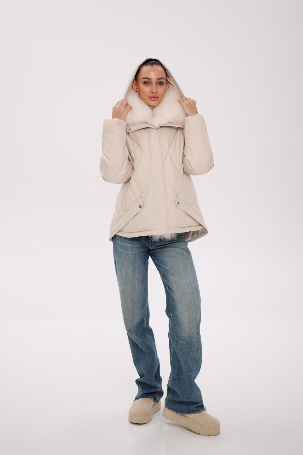Genuine Polar Fox Fur Down Insulated Parka in Ivory
