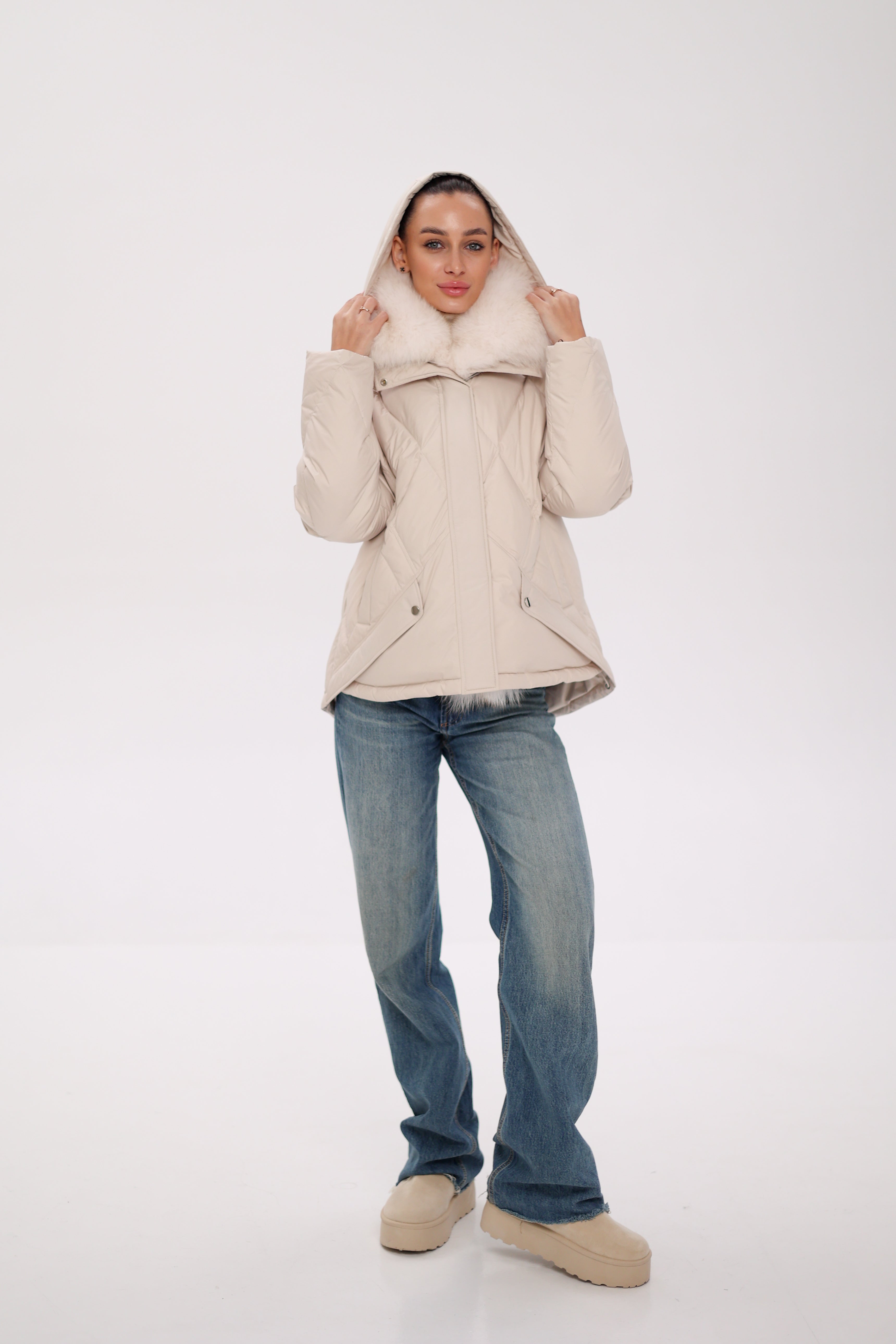 Genuine Polar Fox Fur Down Insulated Parka in Ivory
