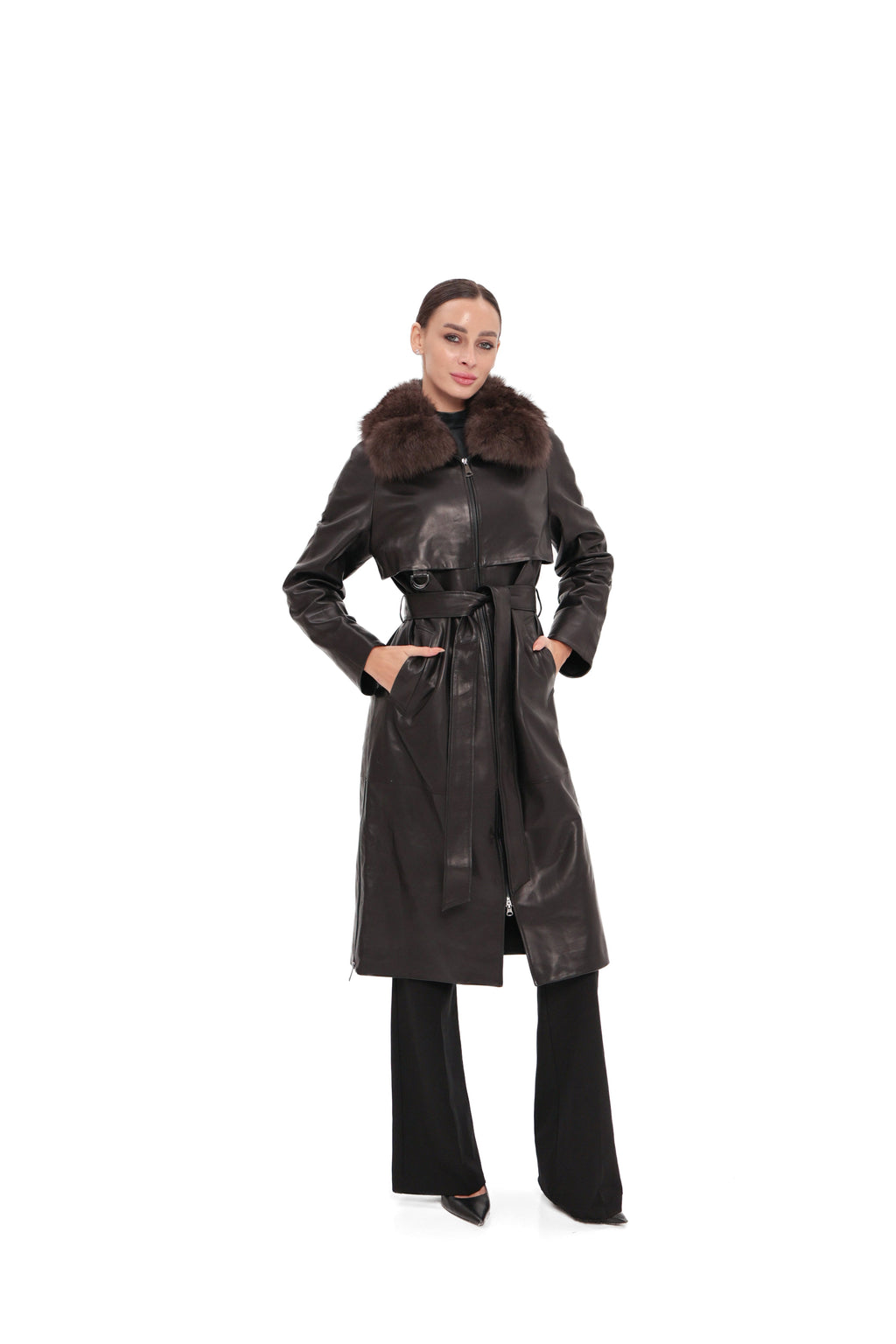 Genuine Leather Polar Fox Trim Coat