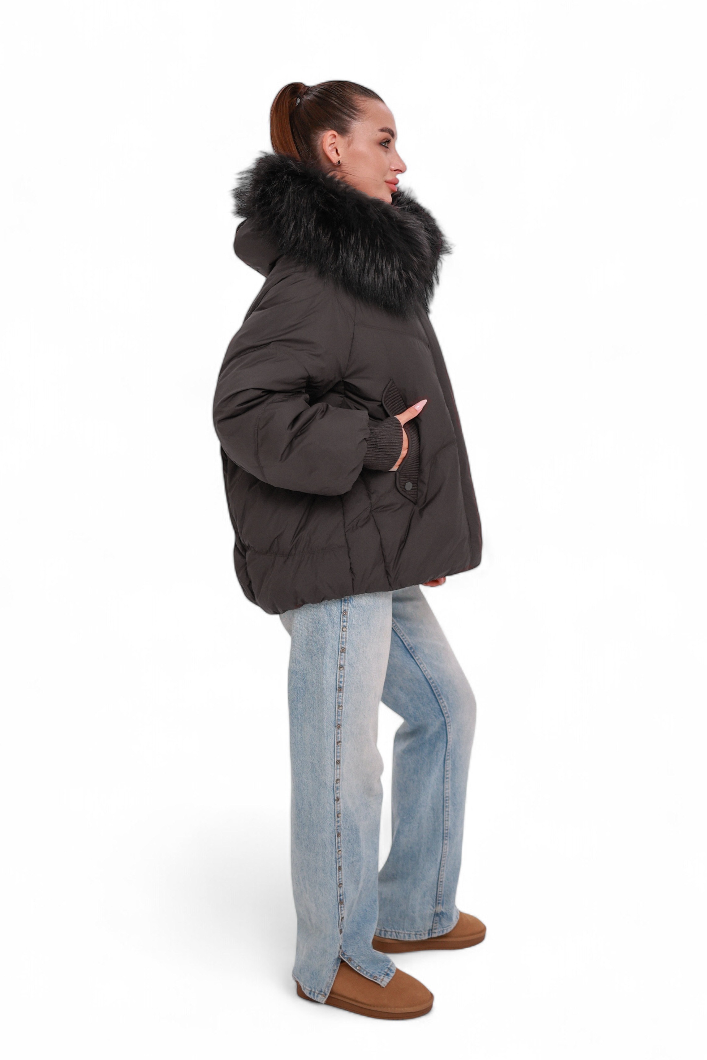 Verbier Genuine Fur Trim Down Fill Jacket in Black
