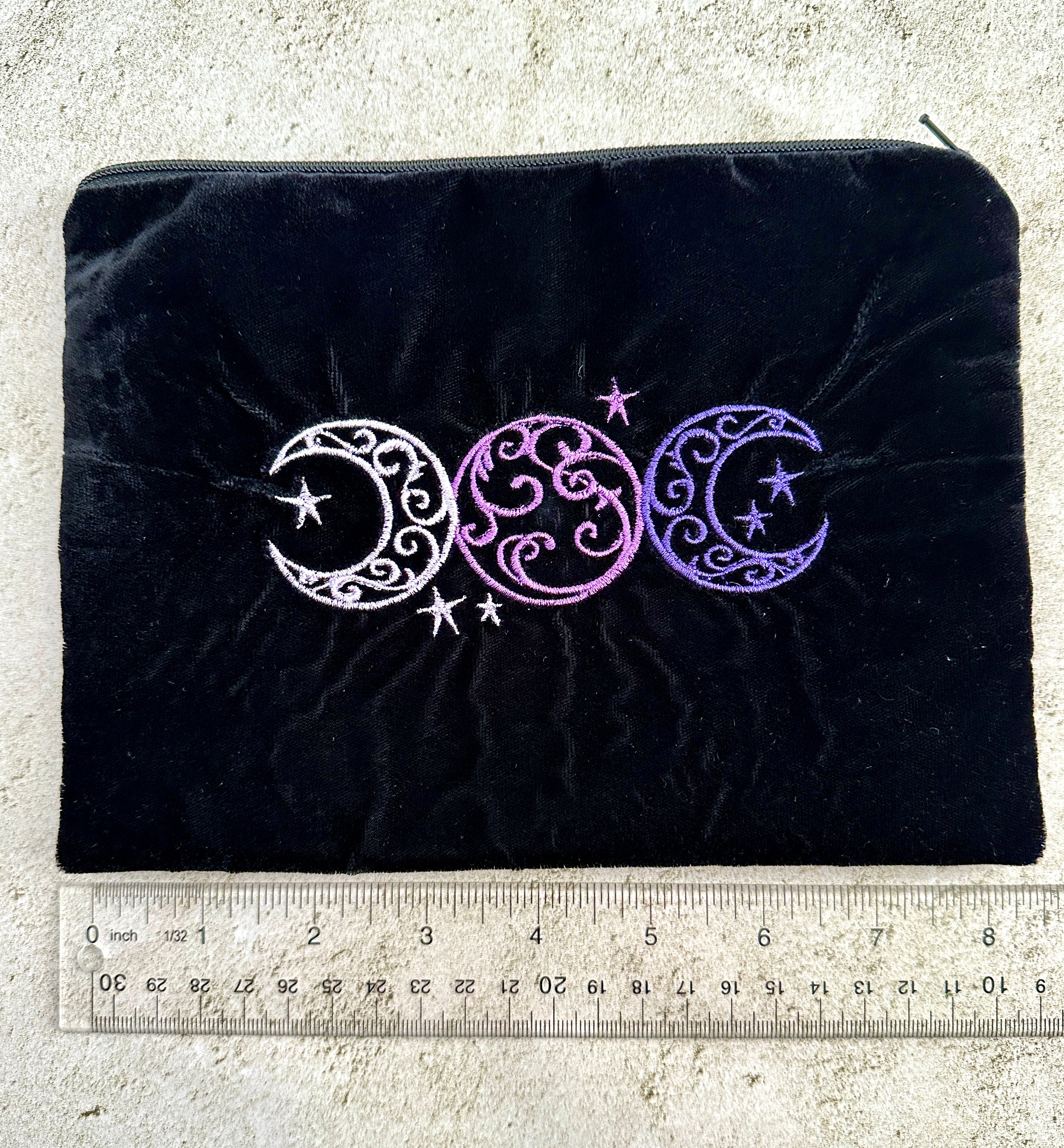 Witchy Triple Moon Embroidered Velvet Tarot Bag With Zipper & Satin Lining