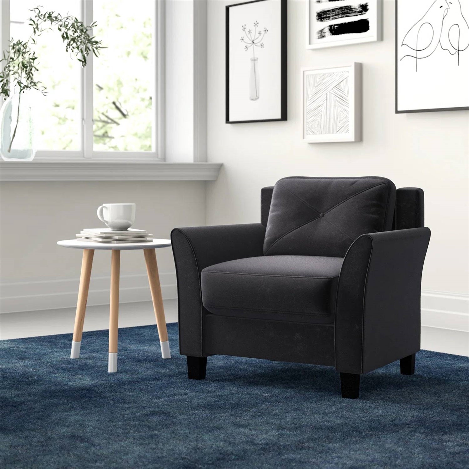 Black Microfiber Upholstered Armchair Flared Arm Chair with Tufted Back Cushion