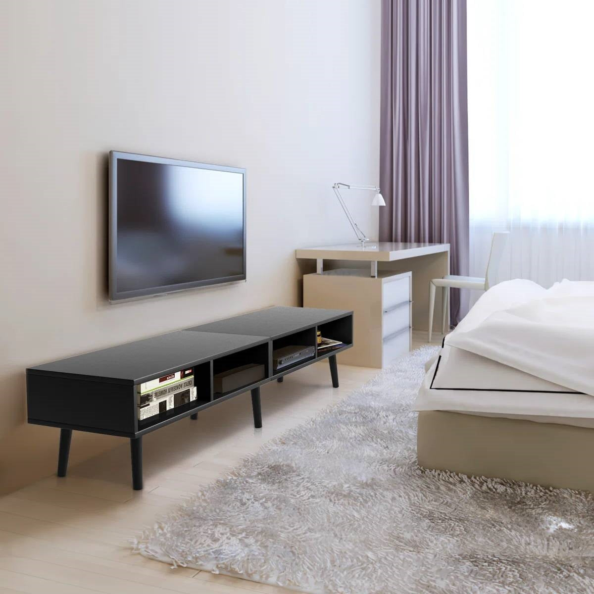 Mid-Century Modern Style TV Stand in Black Wood Finish - for TVs up to 65-inch