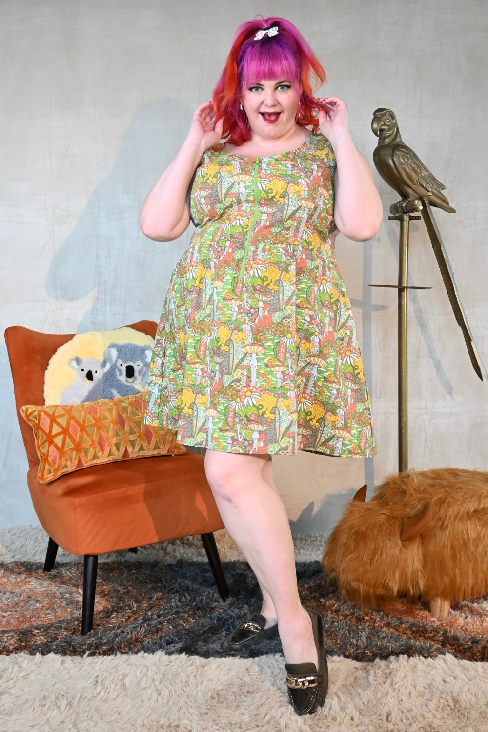 Mushrooms Fit & Flare Midi Dress in Olive