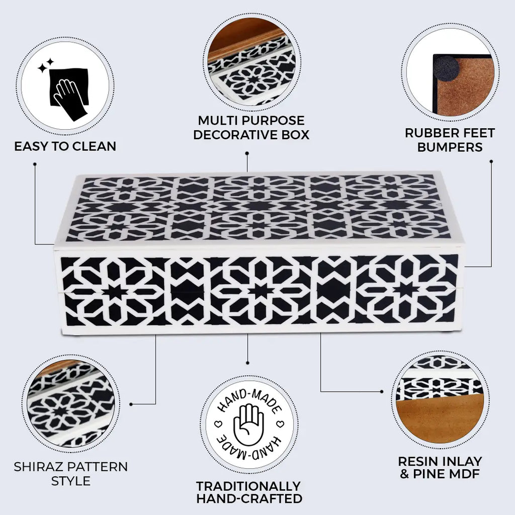 Decorative Storage Boxes Shiraz Pattern Resin Inlay, Black & White, 7 sizes
