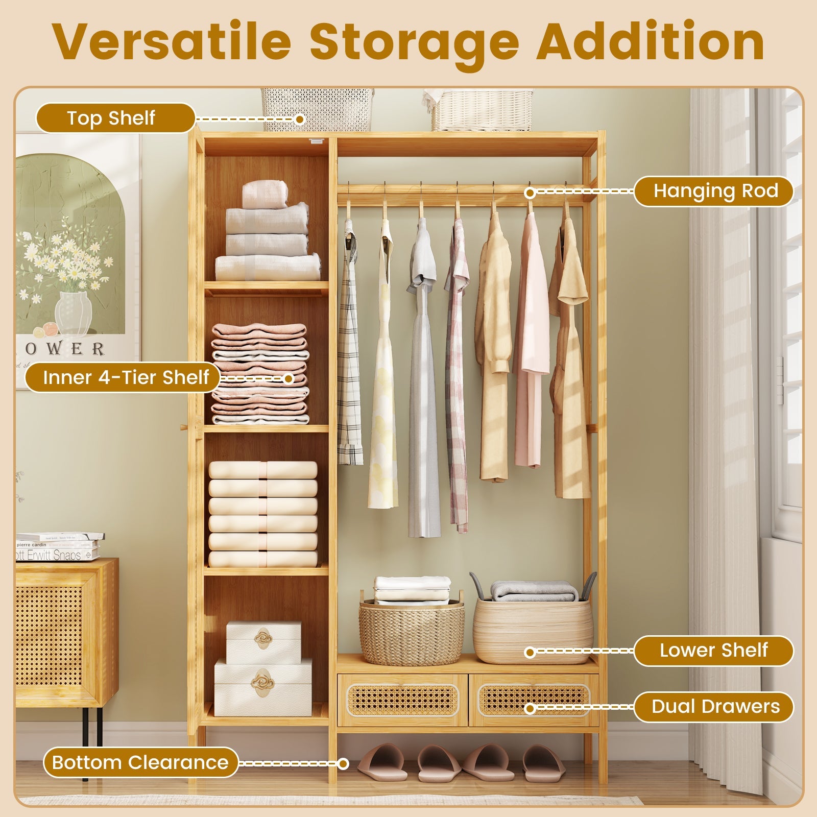 Bamboo Clothing Rack with Cabinet and Drawers and Hanging Rod-Natural